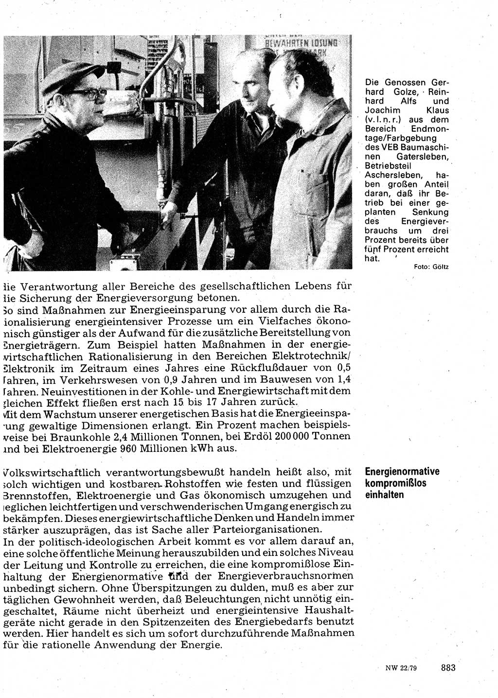 Neuer Weg (NW), Organ des Zentralkomitees (ZK) der SED (Sozialistische Einheitspartei Deutschlands) für Fragen des Parteilebens, 34. Jahrgang [Deutsche Demokratische Republik (DDR)] 1979, Seite 883 (NW ZK SED DDR 1979, S. 883)