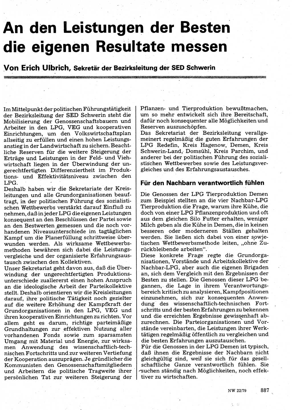 Neuer Weg (NW), Organ des Zentralkomitees (ZK) der SED (Sozialistische Einheitspartei Deutschlands) für Fragen des Parteilebens, 34. Jahrgang [Deutsche Demokratische Republik (DDR)] 1979, Seite 887 (NW ZK SED DDR 1979, S. 887)