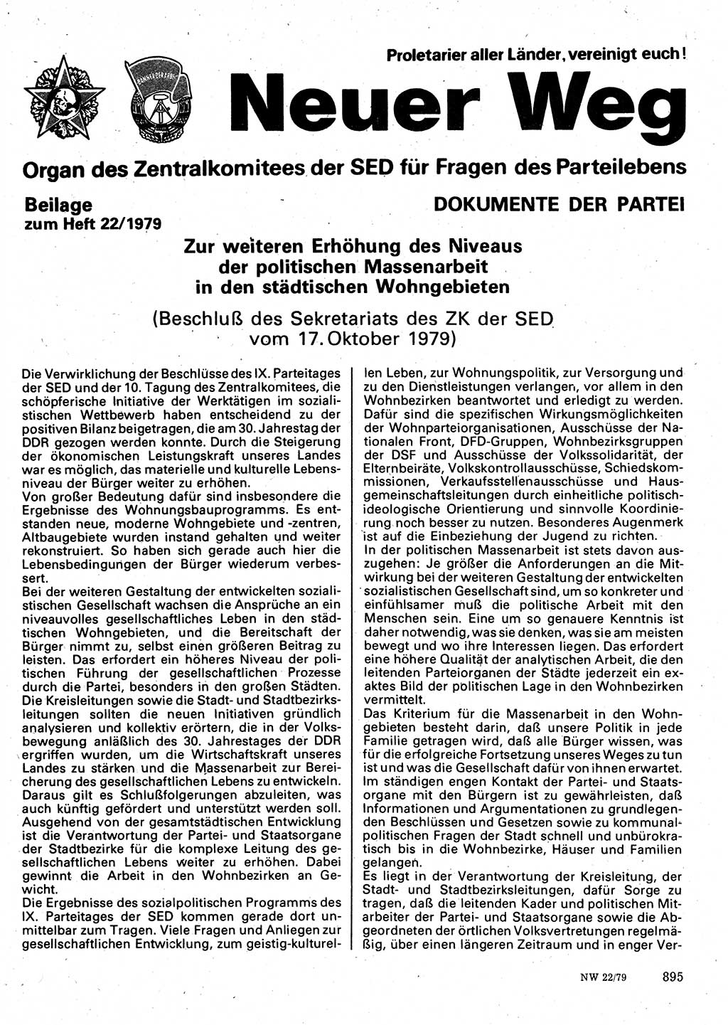 Neuer Weg (NW), Organ des Zentralkomitees (ZK) der SED (Sozialistische Einheitspartei Deutschlands) für Fragen des Parteilebens, 34. Jahrgang [Deutsche Demokratische Republik (DDR)] 1979, Seite 895 (NW ZK SED DDR 1979, S. 895)