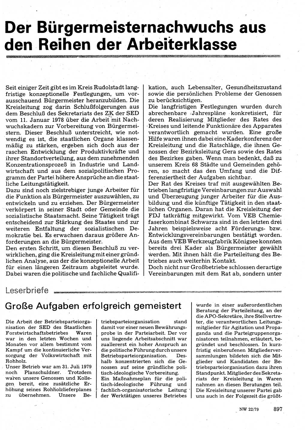 Neuer Weg (NW), Organ des Zentralkomitees (ZK) der SED (Sozialistische Einheitspartei Deutschlands) für Fragen des Parteilebens, 34. Jahrgang [Deutsche Demokratische Republik (DDR)] 1979, Seite 897 (NW ZK SED DDR 1979, S. 897)