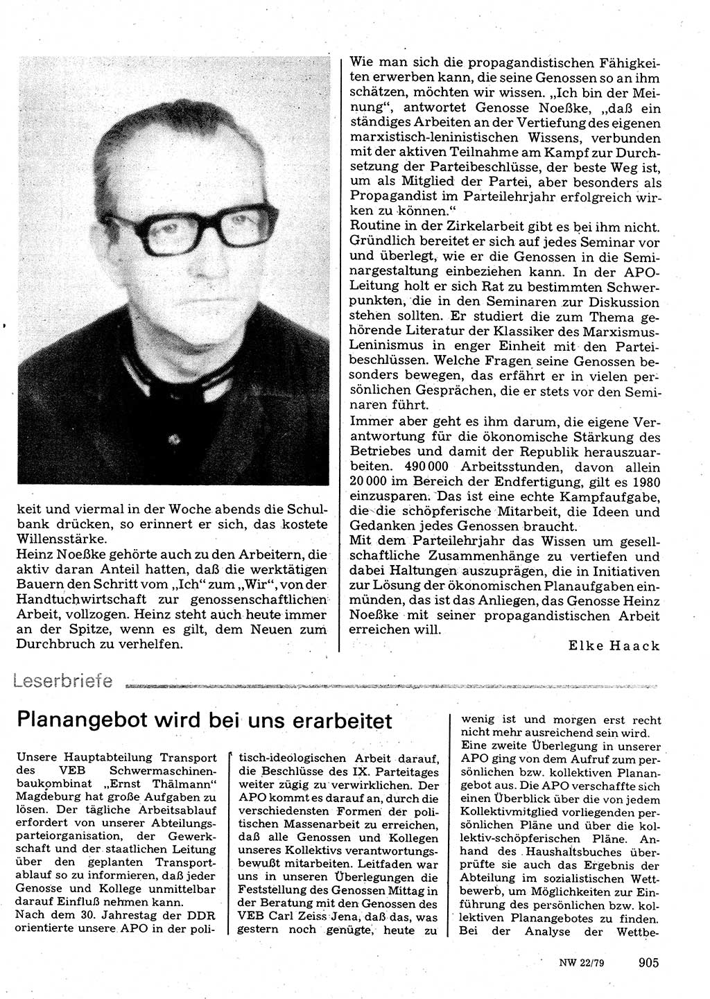 Neuer Weg (NW), Organ des Zentralkomitees (ZK) der SED (Sozialistische Einheitspartei Deutschlands) für Fragen des Parteilebens, 34. Jahrgang [Deutsche Demokratische Republik (DDR)] 1979, Seite 905 (NW ZK SED DDR 1979, S. 905)