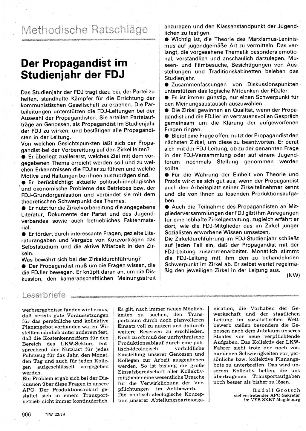 Neuer Weg (NW), Organ des Zentralkomitees (ZK) der SED (Sozialistische Einheitspartei Deutschlands) für Fragen des Parteilebens, 34. Jahrgang [Deutsche Demokratische Republik (DDR)] 1979, Seite 906 (NW ZK SED DDR 1979, S. 906)