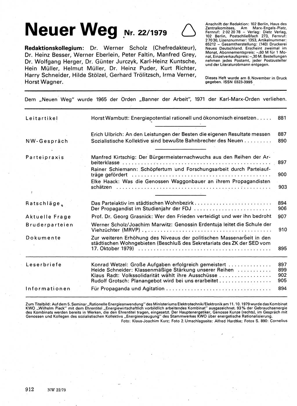 Neuer Weg (NW), Organ des Zentralkomitees (ZK) der SED (Sozialistische Einheitspartei Deutschlands) für Fragen des Parteilebens, 34. Jahrgang [Deutsche Demokratische Republik (DDR)] 1979, Seite 912 (NW ZK SED DDR 1979, S. 912)