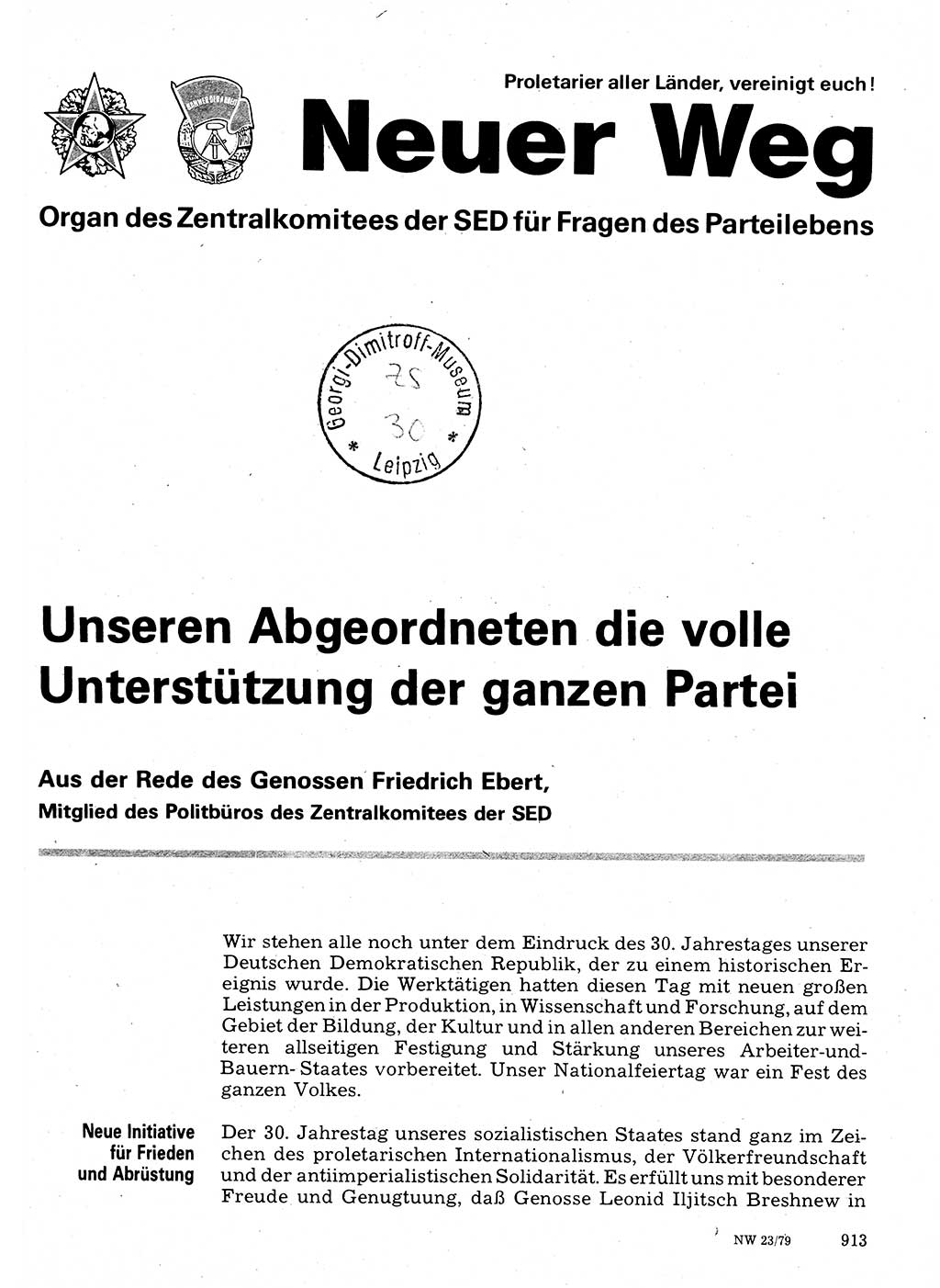 Neuer Weg (NW), Organ des Zentralkomitees (ZK) der SED (Sozialistische Einheitspartei Deutschlands) für Fragen des Parteilebens, 34. Jahrgang [Deutsche Demokratische Republik (DDR)] 1979, Seite 913 (NW ZK SED DDR 1979, S. 913)