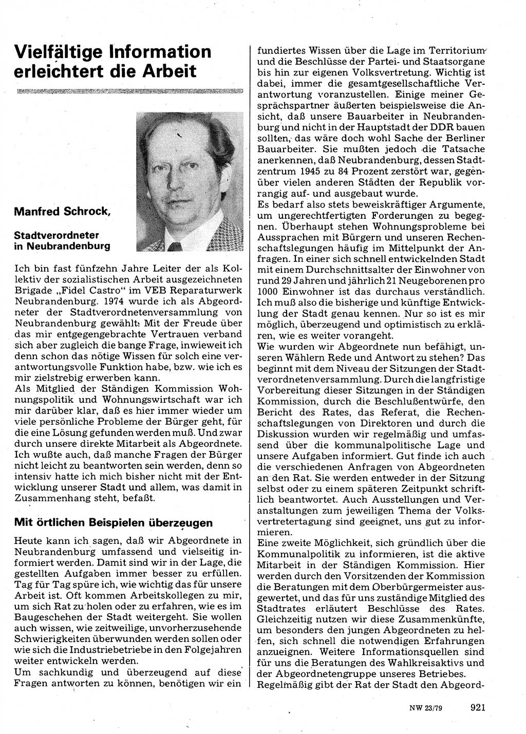 Neuer Weg (NW), Organ des Zentralkomitees (ZK) der SED (Sozialistische Einheitspartei Deutschlands) für Fragen des Parteilebens, 34. Jahrgang [Deutsche Demokratische Republik (DDR)] 1979, Seite 921 (NW ZK SED DDR 1979, S. 921)