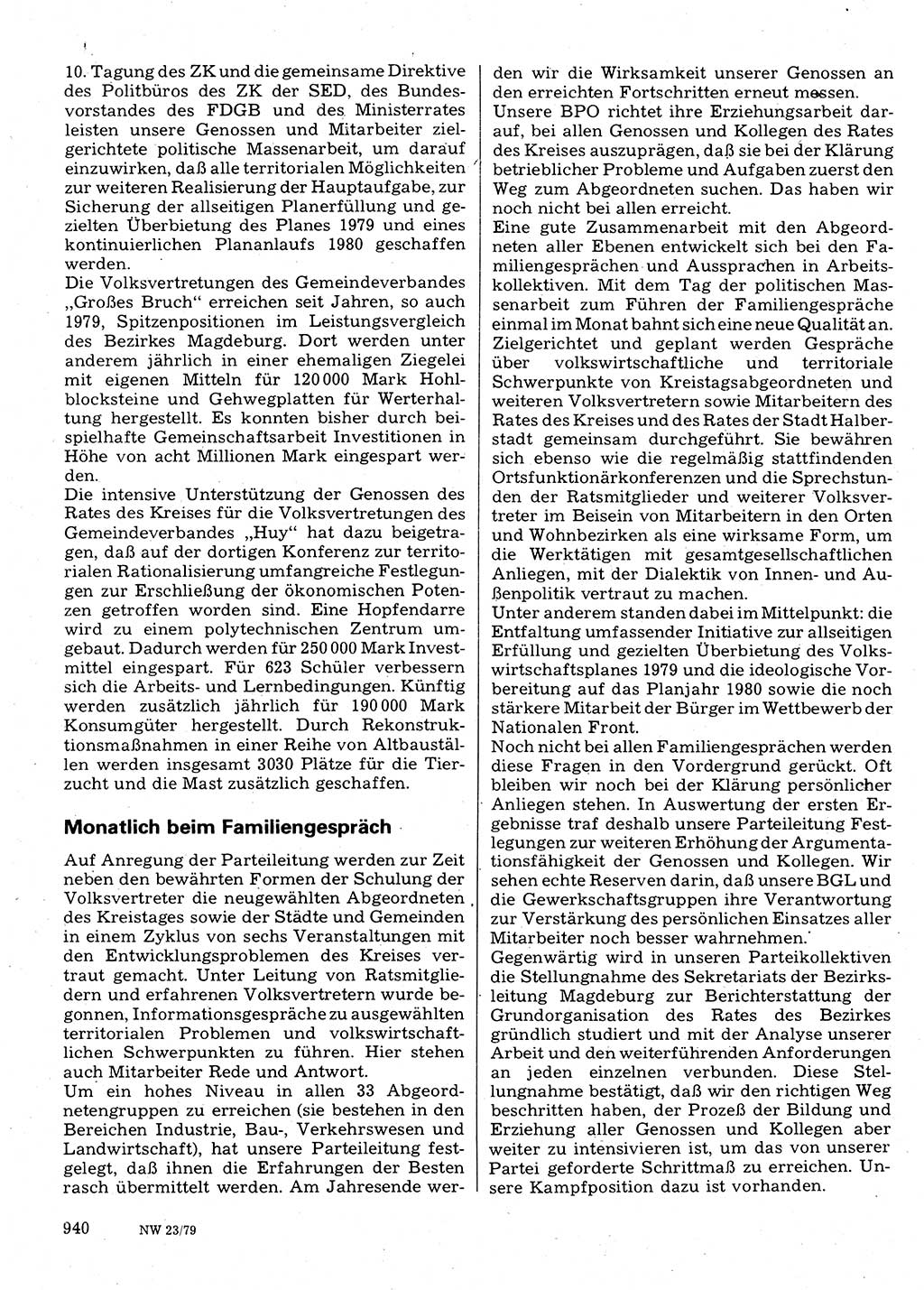 Neuer Weg (NW), Organ des Zentralkomitees (ZK) der SED (Sozialistische Einheitspartei Deutschlands) für Fragen des Parteilebens, 34. Jahrgang [Deutsche Demokratische Republik (DDR)] 1979, Seite 940 (NW ZK SED DDR 1979, S. 940)