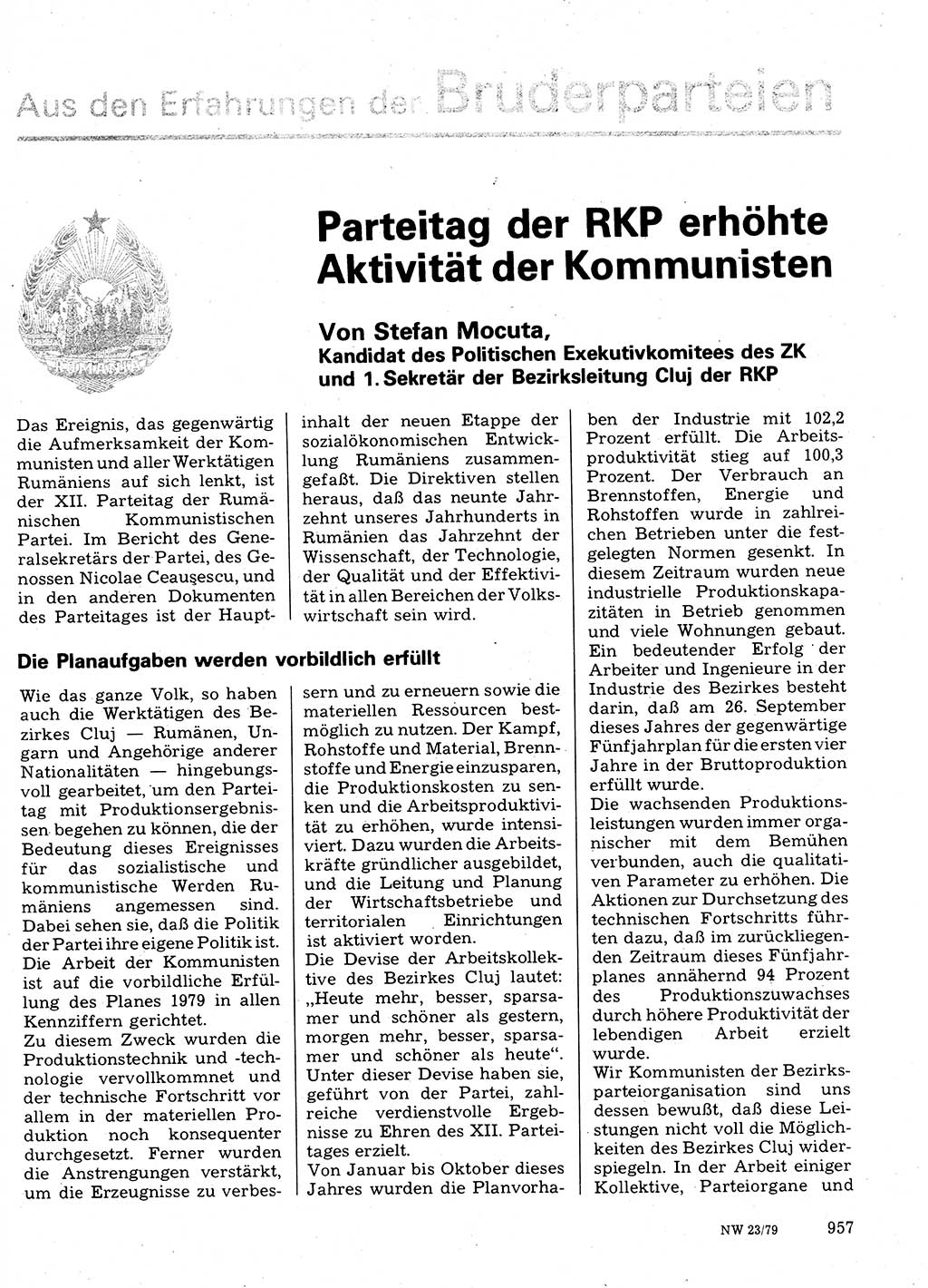 Neuer Weg (NW), Organ des Zentralkomitees (ZK) der SED (Sozialistische Einheitspartei Deutschlands) für Fragen des Parteilebens, 34. Jahrgang [Deutsche Demokratische Republik (DDR)] 1979, Seite 957 (NW ZK SED DDR 1979, S. 957)