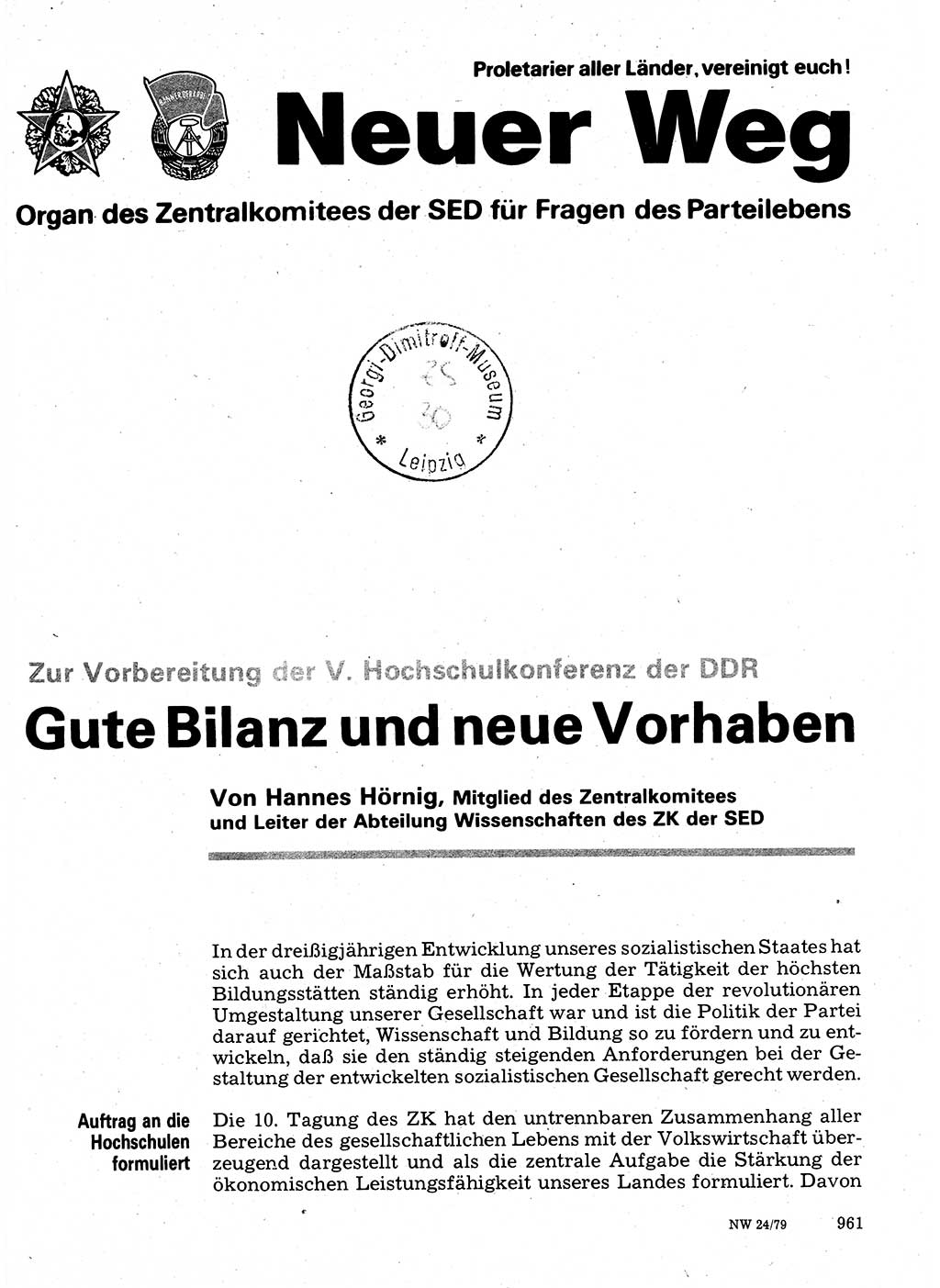 Neuer Weg (NW), Organ des Zentralkomitees (ZK) der SED (Sozialistische Einheitspartei Deutschlands) für Fragen des Parteilebens, 34. Jahrgang [Deutsche Demokratische Republik (DDR)] 1979, Seite 961 (NW ZK SED DDR 1979, S. 961)