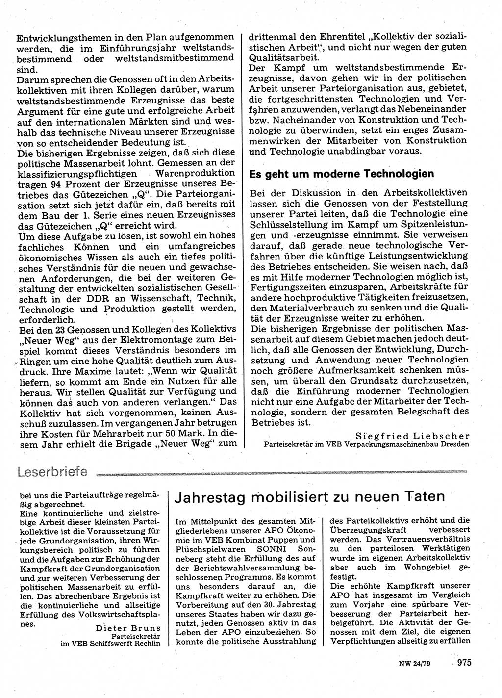 Neuer Weg (NW), Organ des Zentralkomitees (ZK) der SED (Sozialistische Einheitspartei Deutschlands) für Fragen des Parteilebens, 34. Jahrgang [Deutsche Demokratische Republik (DDR)] 1979, Seite 975 (NW ZK SED DDR 1979, S. 975)