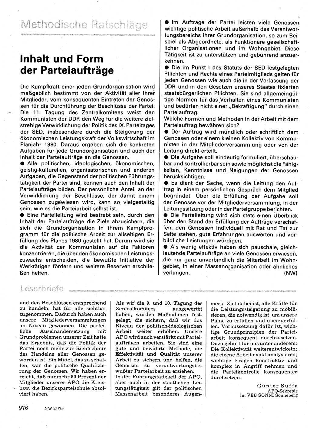 Neuer Weg (NW), Organ des Zentralkomitees (ZK) der SED (Sozialistische Einheitspartei Deutschlands) für Fragen des Parteilebens, 34. Jahrgang [Deutsche Demokratische Republik (DDR)] 1979, Seite 976 (NW ZK SED DDR 1979, S. 976)
