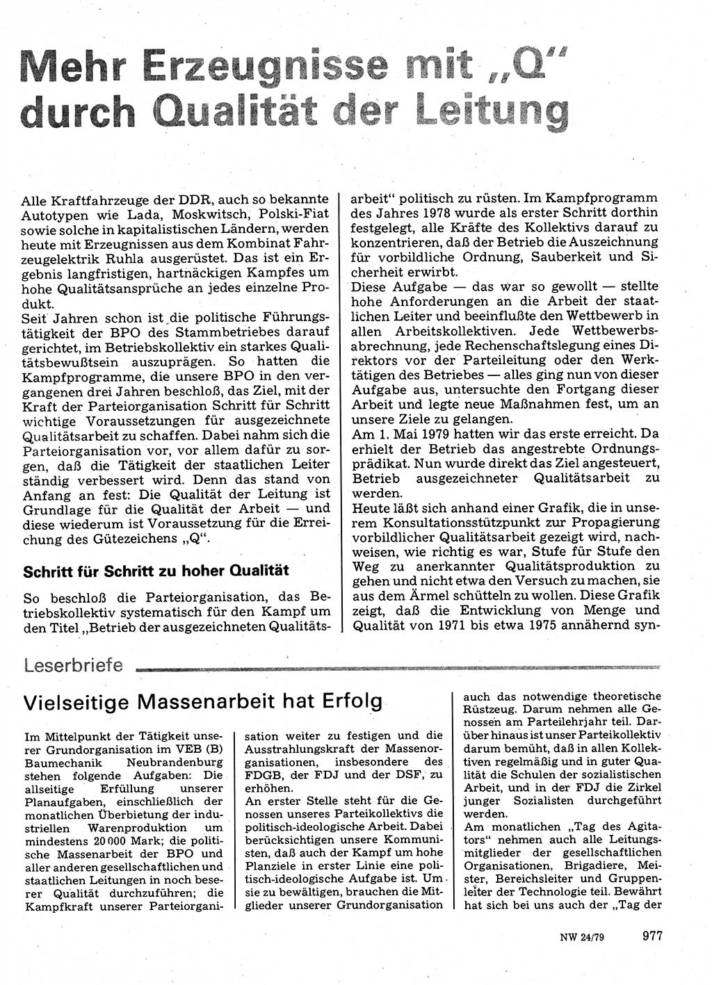 Neuer Weg (NW), Organ des Zentralkomitees (ZK) der SED (Sozialistische Einheitspartei Deutschlands) für Fragen des Parteilebens, 34. Jahrgang [Deutsche Demokratische Republik (DDR)] 1979, Seite 977 (NW ZK SED DDR 1979, S. 977)