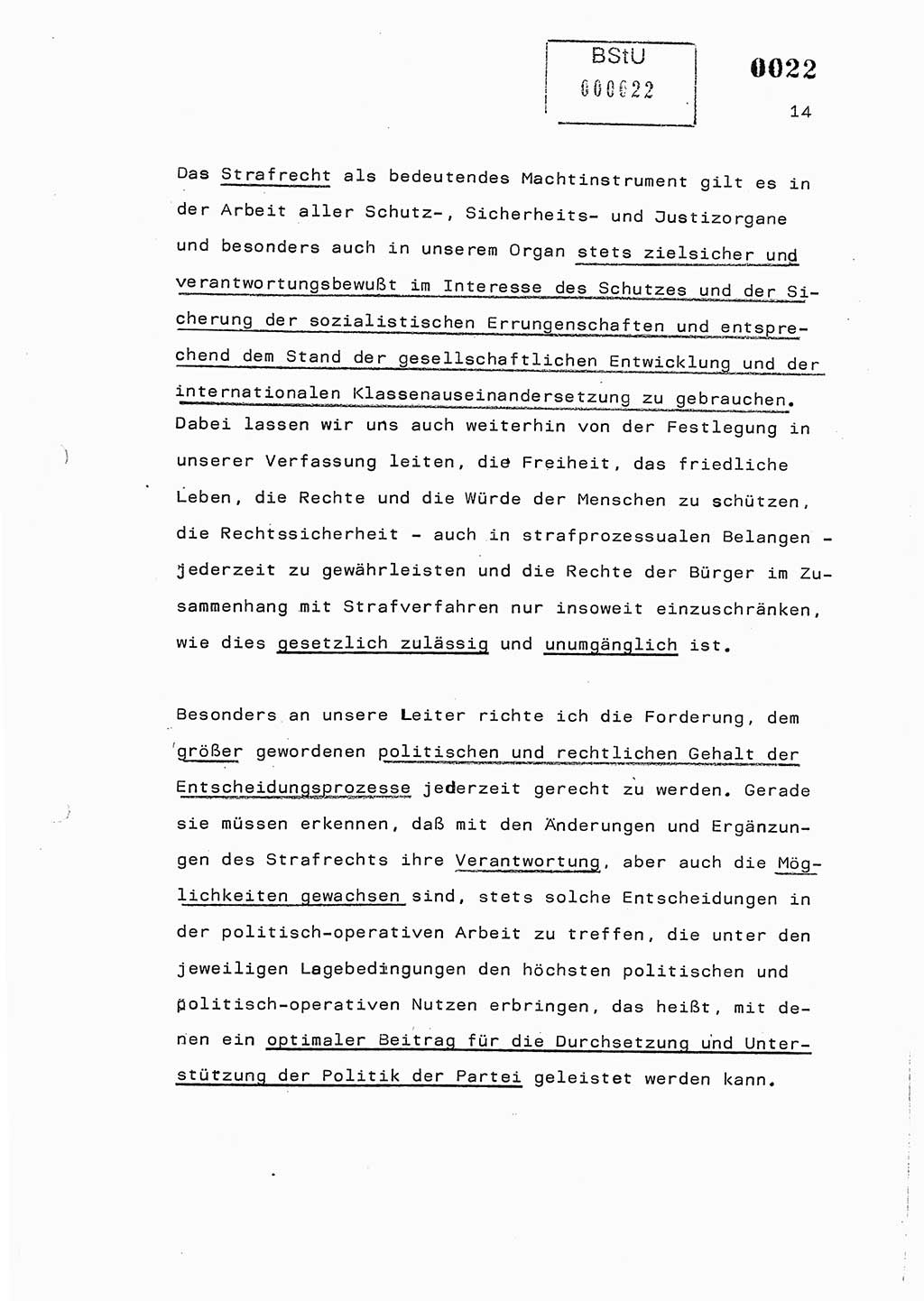 Referat des Genossen Minister (Generaloberst Erich Mielke) am 2. Beratungstag der zentralen Dienstkonferenz am 5.-6.7.1979, Zum 3. Strafrechtsänderungsgesetz sowie zu den Änderungen des Paß- und Ausländerrechts bzw. zoll- und devisenrechtlicher Bestimmungen der DDR [Ministerium für Staatssicherheit (MfS), Deutsche Demokratische Republik (DDR), Der Minister], Berlin 1979, Seite 14 (Ref. DK 2. Ber.-Tg. DDR MfS Min. /79 1979, S. 14)