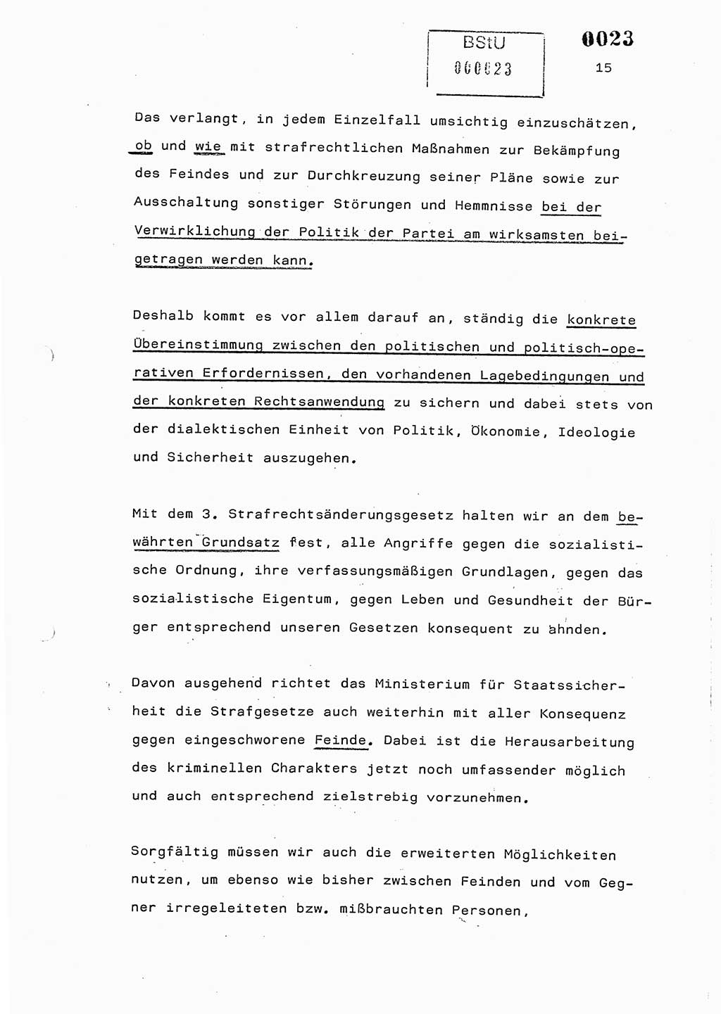 Referat des Genossen Minister (Generaloberst Erich Mielke) am 2. Beratungstag der zentralen Dienstkonferenz am 5.-6.7.1979, Zum 3. Strafrechtsänderungsgesetz sowie zu den Änderungen des Paß- und Ausländerrechts bzw. zoll- und devisenrechtlicher Bestimmungen der DDR [Ministerium für Staatssicherheit (MfS), Deutsche Demokratische Republik (DDR), Der Minister], Berlin 1979, Seite 15 (Ref. DK 2. Ber.-Tg. DDR MfS Min. /79 1979, S. 15)