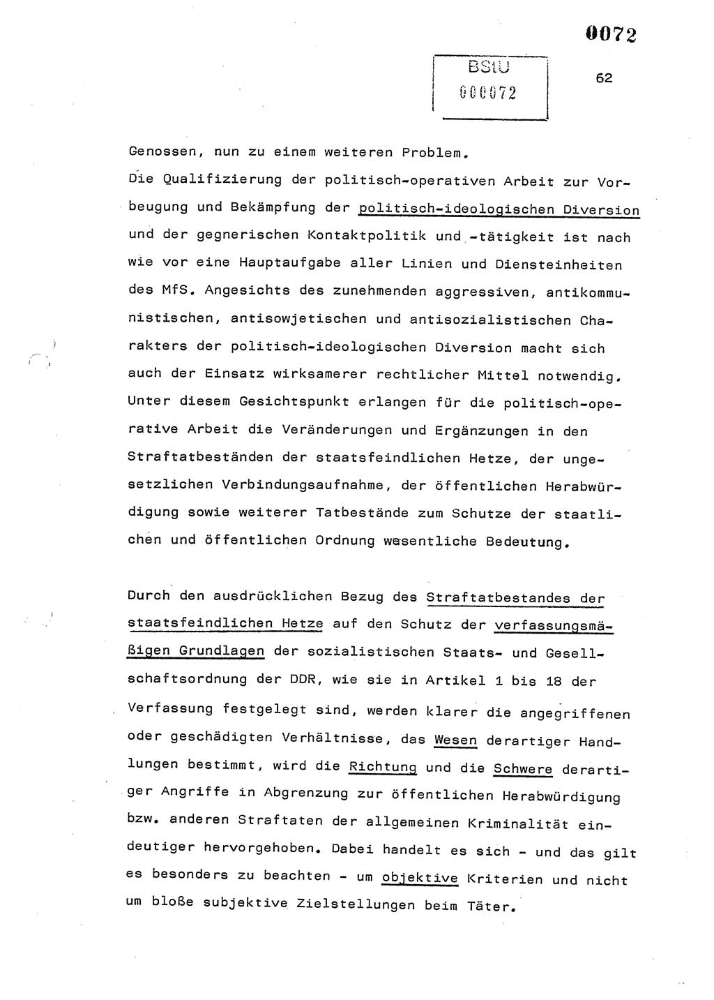 Referat des Genossen Minister (Generaloberst Erich Mielke) am 2. Beratungstag der zentralen Dienstkonferenz am 5.-6.7.1979, Zum 3. Strafrechtsänderungsgesetz sowie zu den Änderungen des Paß- und Ausländerrechts bzw. zoll- und devisenrechtlicher Bestimmungen der DDR [Ministerium für Staatssicherheit (MfS), Deutsche Demokratische Republik (DDR), Der Minister], Berlin 1979, Seite 62 (Ref. DK 2. Ber.-Tg. DDR MfS Min. /79 1979, S. 62)