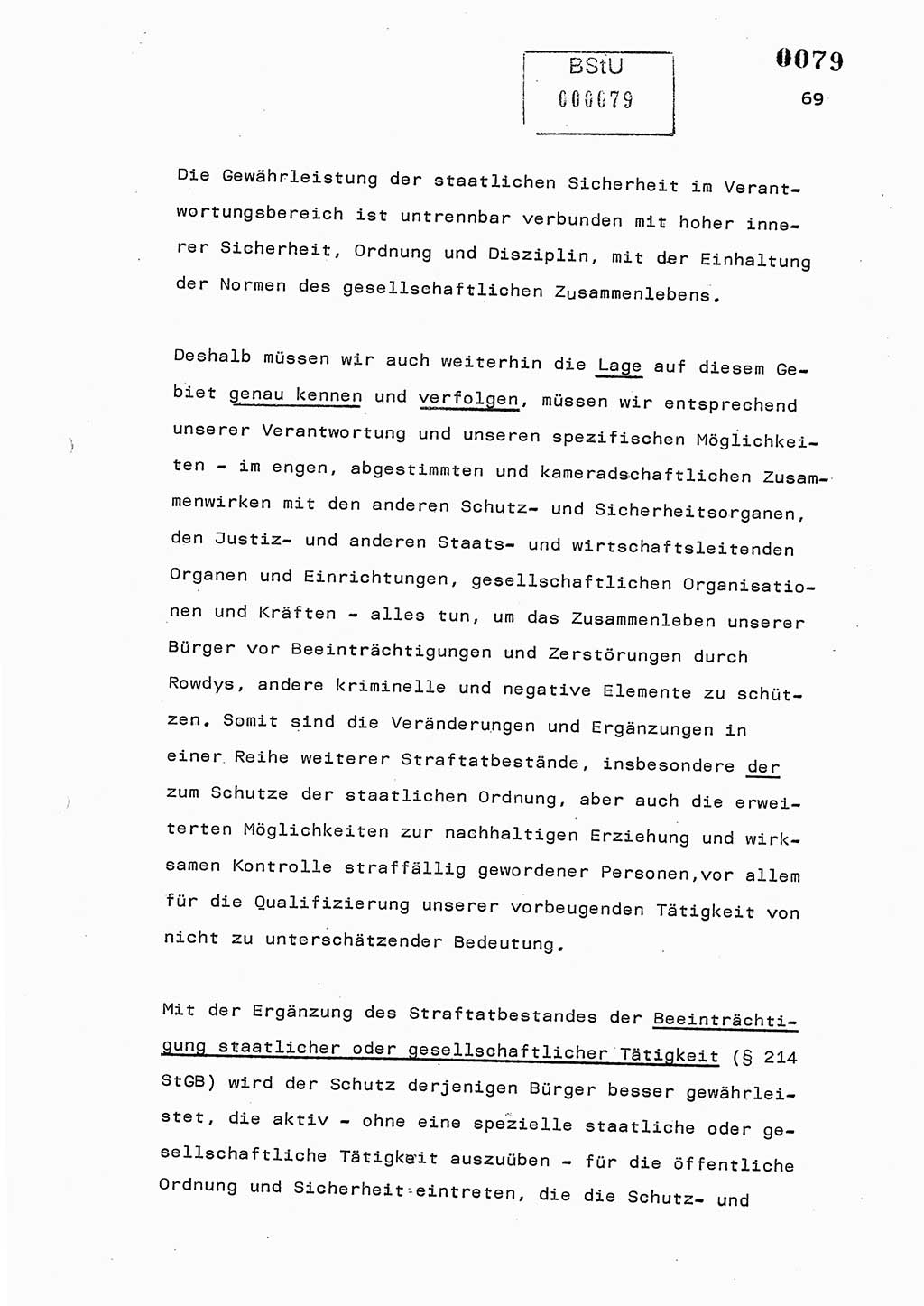 Referat des Genossen Minister (Generaloberst Erich Mielke) am 2. Beratungstag der zentralen Dienstkonferenz am 5.-6.7.1979, Zum 3. Strafrechtsänderungsgesetz sowie zu den Änderungen des Paß- und Ausländerrechts bzw. zoll- und devisenrechtlicher Bestimmungen der DDR [Ministerium für Staatssicherheit (MfS), Deutsche Demokratische Republik (DDR), Der Minister], Berlin 1979, Seite 69 (Ref. DK 2. Ber.-Tg. DDR MfS Min. /79 1979, S. 69)