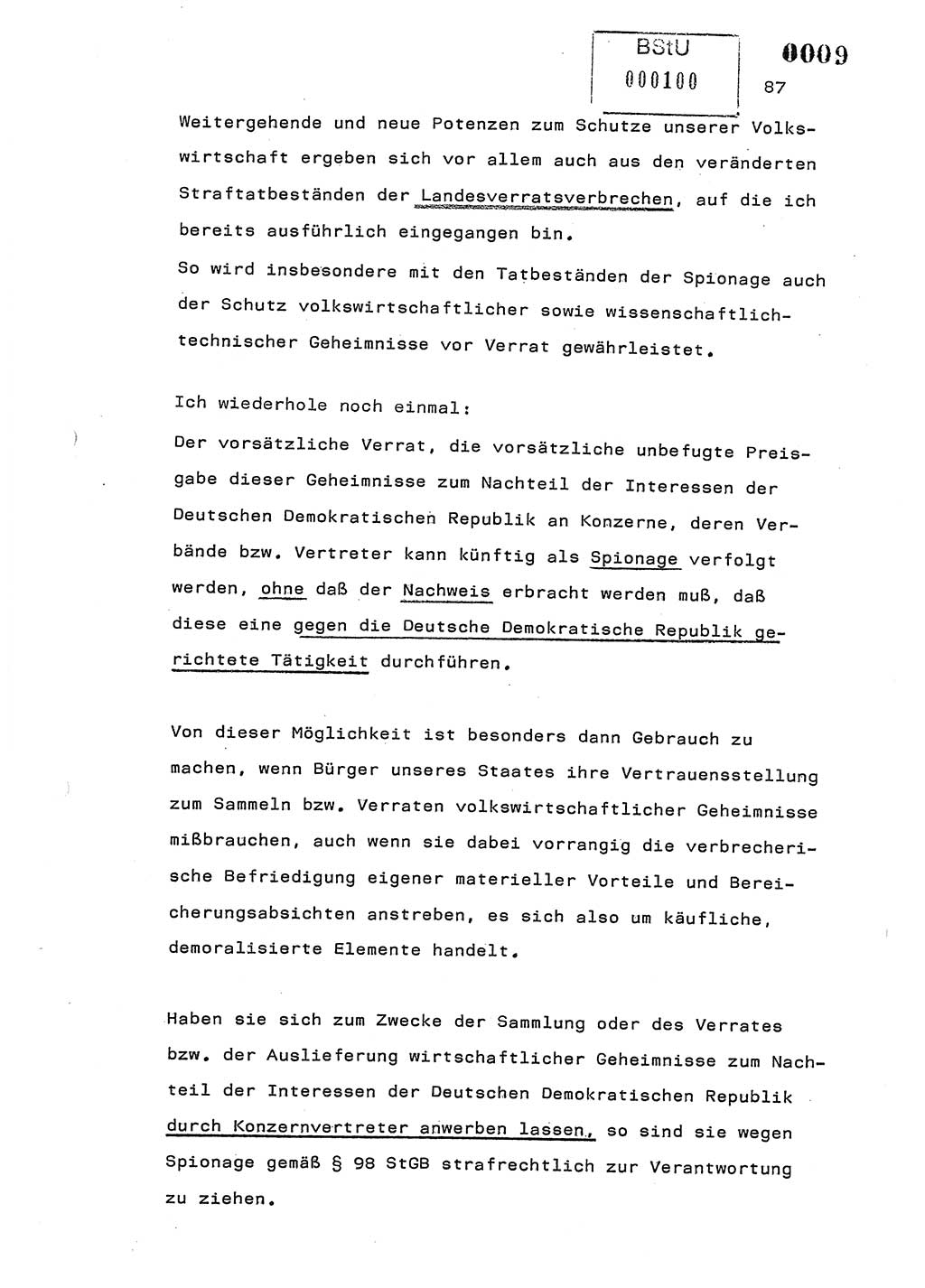 Referat des Genossen Minister (Generaloberst Erich Mielke) am 2. Beratungstag der zentralen Dienstkonferenz am 5.-6.7.1979, Zum 3. Strafrechtsänderungsgesetz sowie zu den Änderungen des Paß- und Ausländerrechts bzw. zoll- und devisenrechtlicher Bestimmungen der DDR [Ministerium für Staatssicherheit (MfS), Deutsche Demokratische Republik (DDR), Der Minister], Berlin 1979, Seite 87 (Ref. DK 2. Ber.-Tg. DDR MfS Min. /79 1979, S. 87)