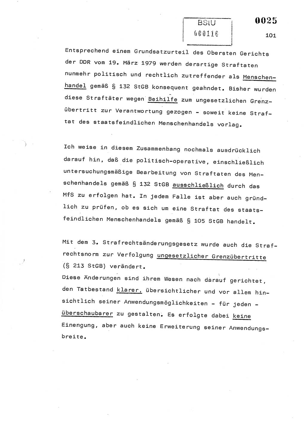 Referat des Genossen Minister (Generaloberst Erich Mielke) am 2. Beratungstag der zentralen Dienstkonferenz am 5.-6.7.1979, Zum 3. Strafrechtsänderungsgesetz sowie zu den Änderungen des Paß- und Ausländerrechts bzw. zoll- und devisenrechtlicher Bestimmungen der DDR [Ministerium für Staatssicherheit (MfS), Deutsche Demokratische Republik (DDR), Der Minister], Berlin 1979, Seite 101 (Ref. DK 2. Ber.-Tg. DDR MfS Min. /79 1979, S. 101)