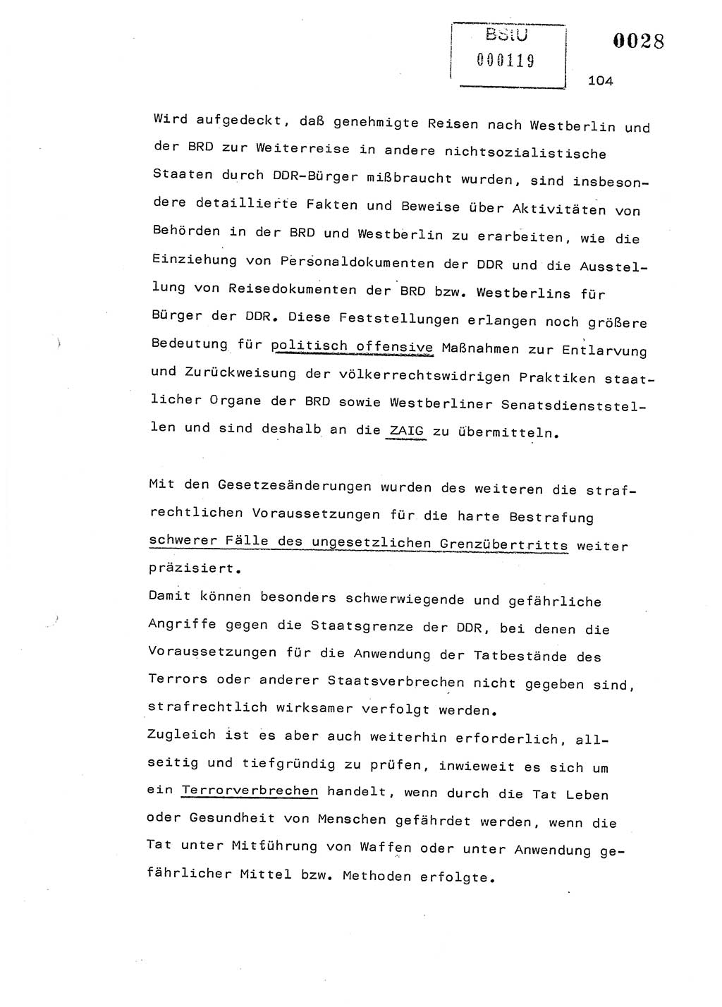 Referat des Genossen Minister (Generaloberst Erich Mielke) am 2. Beratungstag der zentralen Dienstkonferenz am 5.-6.7.1979, Zum 3. Strafrechtsänderungsgesetz sowie zu den Änderungen des Paß- und Ausländerrechts bzw. zoll- und devisenrechtlicher Bestimmungen der DDR [Ministerium für Staatssicherheit (MfS), Deutsche Demokratische Republik (DDR), Der Minister], Berlin 1979, Seite 104 (Ref. DK 2. Ber.-Tg. DDR MfS Min. /79 1979, S. 104)