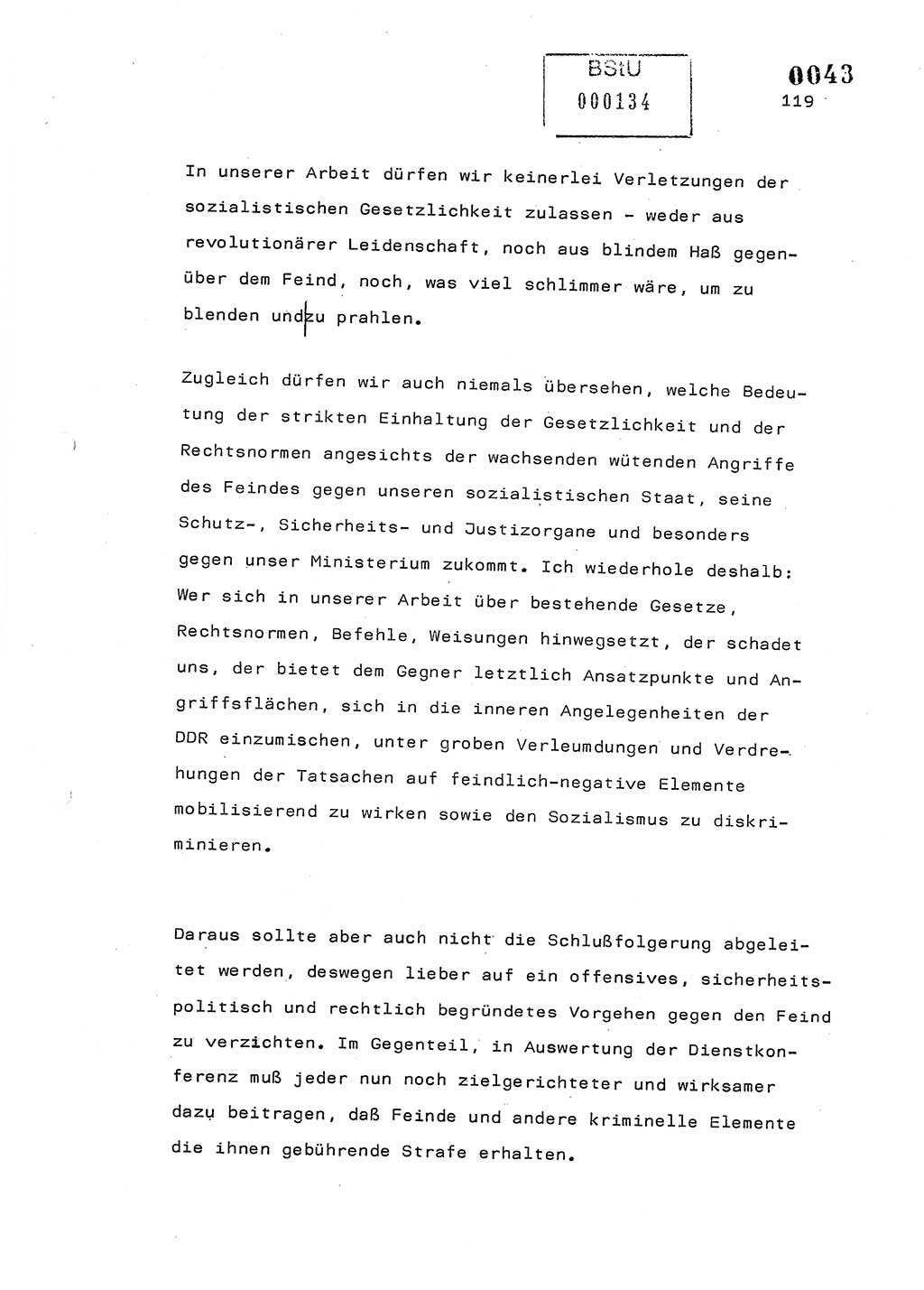 Referat des Genossen Minister (Generaloberst Erich Mielke) am 2. Beratungstag der zentralen Dienstkonferenz am 5.-6.7.1979, Zum 3. Strafrechtsänderungsgesetz sowie zu den Änderungen des Paß- und Ausländerrechts bzw. zoll- und devisenrechtlicher Bestimmungen der DDR [Ministerium für Staatssicherheit (MfS), Deutsche Demokratische Republik (DDR), Der Minister], Berlin 1979, Seite 119 (Ref. DK 2. Ber.-Tg. DDR MfS Min. /79 1979, S. 119)