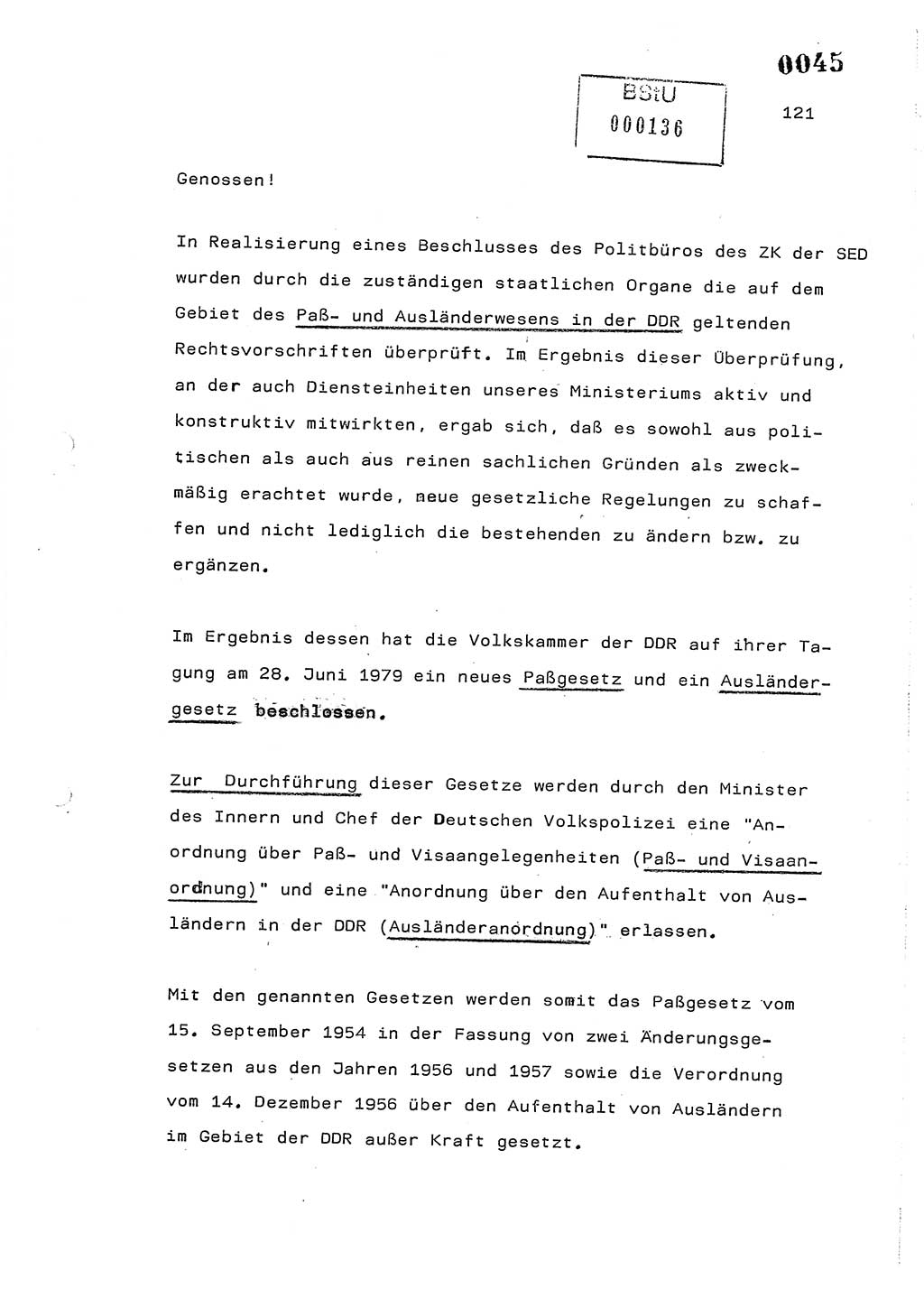 Referat des Genossen Minister (Generaloberst Erich Mielke) am 2. Beratungstag der zentralen Dienstkonferenz am 5.-6.7.1979, Zum 3. Strafrechtsänderungsgesetz sowie zu den Änderungen des Paß- und Ausländerrechts bzw. zoll- und devisenrechtlicher Bestimmungen der DDR [Ministerium für Staatssicherheit (MfS), Deutsche Demokratische Republik (DDR), Der Minister], Berlin 1979, Seite 121 (Ref. DK 2. Ber.-Tg. DDR MfS Min. /79 1979, S. 121)