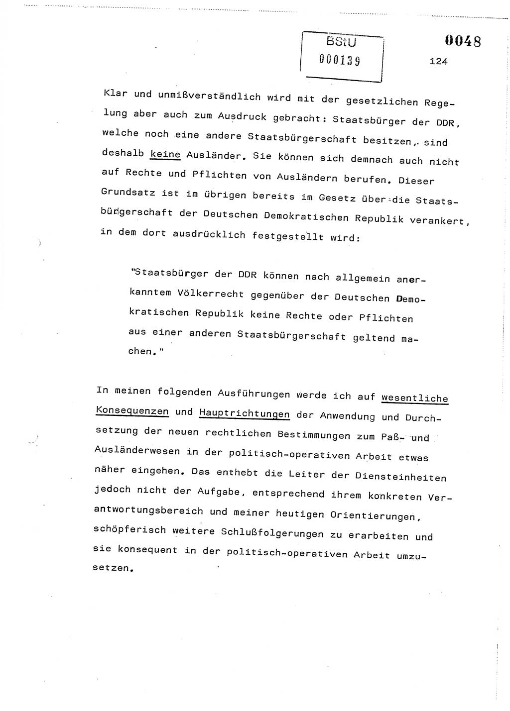 Referat des Genossen Minister (Generaloberst Erich Mielke) am 2. Beratungstag der zentralen Dienstkonferenz am 5.-6.7.1979, Zum 3. Strafrechtsänderungsgesetz sowie zu den Änderungen des Paß- und Ausländerrechts bzw. zoll- und devisenrechtlicher Bestimmungen der DDR [Ministerium für Staatssicherheit (MfS), Deutsche Demokratische Republik (DDR), Der Minister], Berlin 1979, Seite 124 (Ref. DK 2. Ber.-Tg. DDR MfS Min. /79 1979, S. 124)