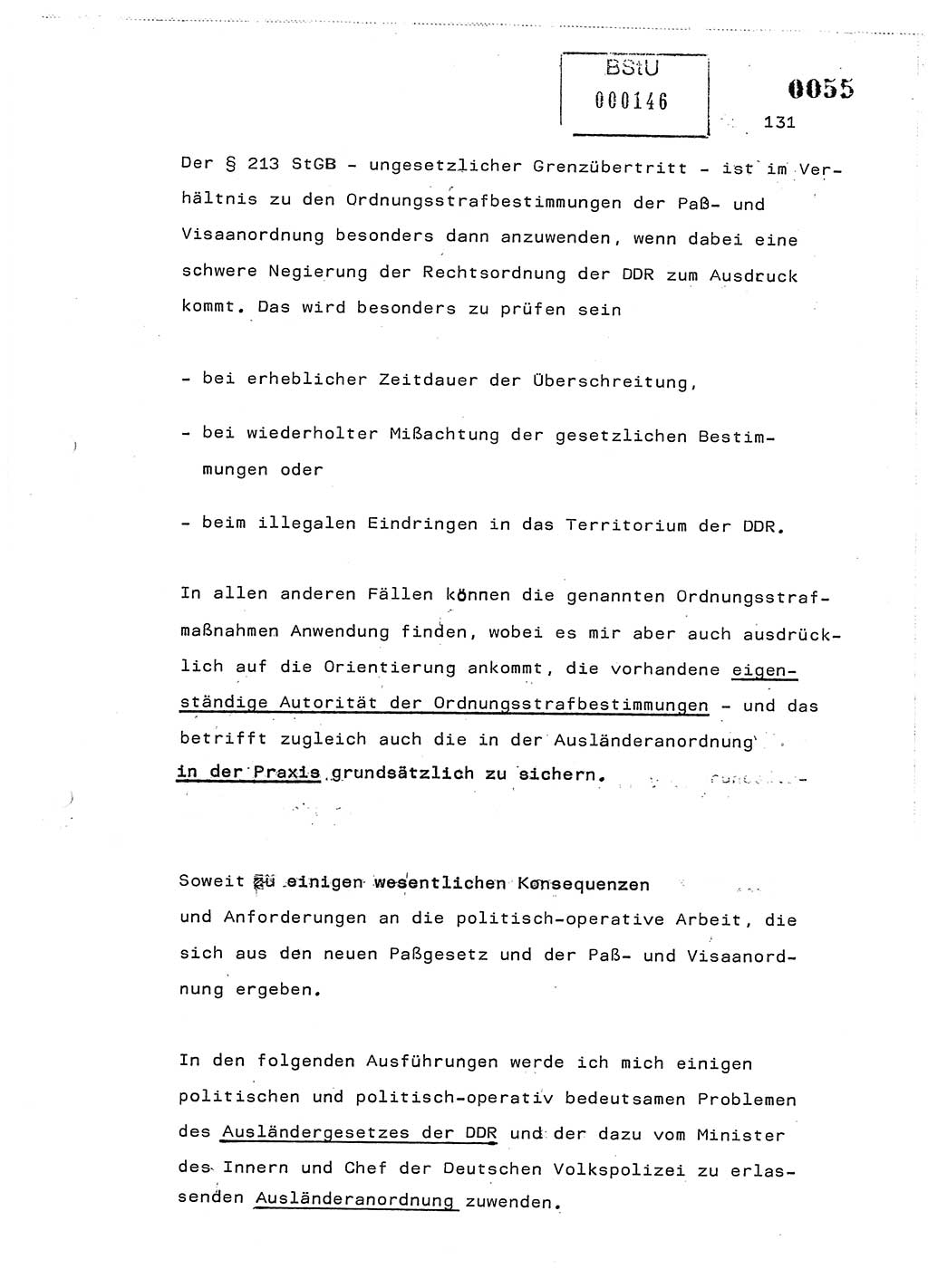 Referat des Genossen Minister (Generaloberst Erich Mielke) am 2. Beratungstag der zentralen Dienstkonferenz am 5.-6.7.1979, Zum 3. Strafrechtsänderungsgesetz sowie zu den Änderungen des Paß- und Ausländerrechts bzw. zoll- und devisenrechtlicher Bestimmungen der DDR [Ministerium für Staatssicherheit (MfS), Deutsche Demokratische Republik (DDR), Der Minister], Berlin 1979, Seite 131 (Ref. DK 2. Ber.-Tg. DDR MfS Min. /79 1979, S. 131)