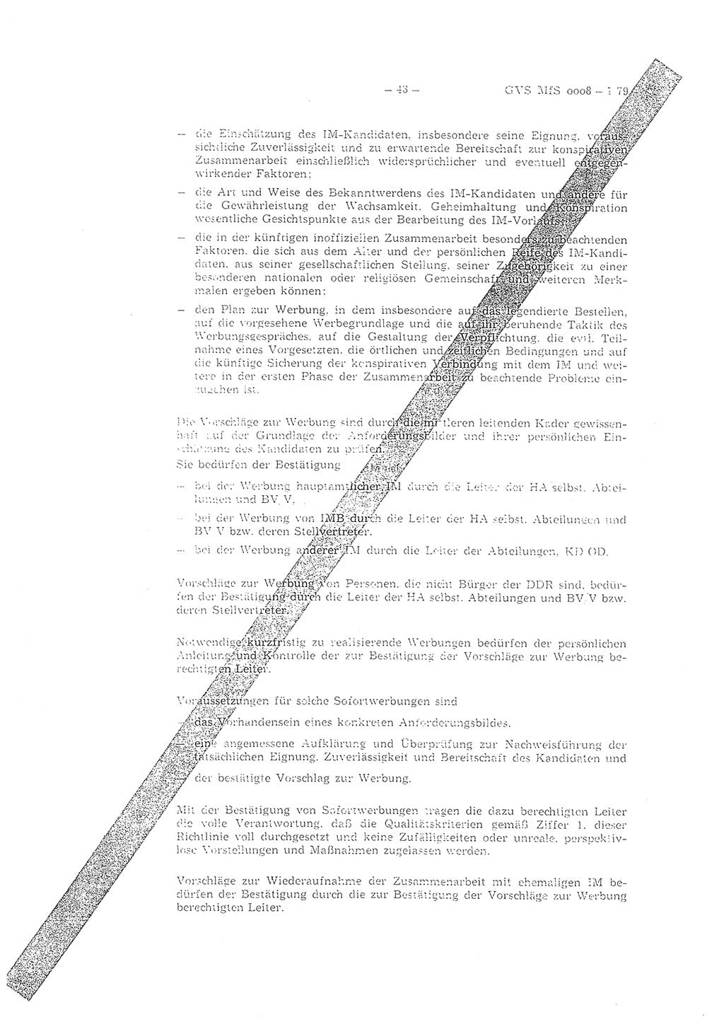 Richtlinie 1/79 für die Arbeit mit Inoffiziellen Mitarbeitern (IM) und Gesellschaftlichen Mitarbeitern für Sicherheit (GMS), Deutsche Demokratische Republik (DDR), Ministerium für Staatssicherheit (MfS), Der Minister (Mielke), Geheime Verschlußsache (GVS) ooo8-1/79, Berlin 1979, Seite 43 (RL 1/79 DDR MfS Min. GVS ooo8-1/79 1979, S. 43)