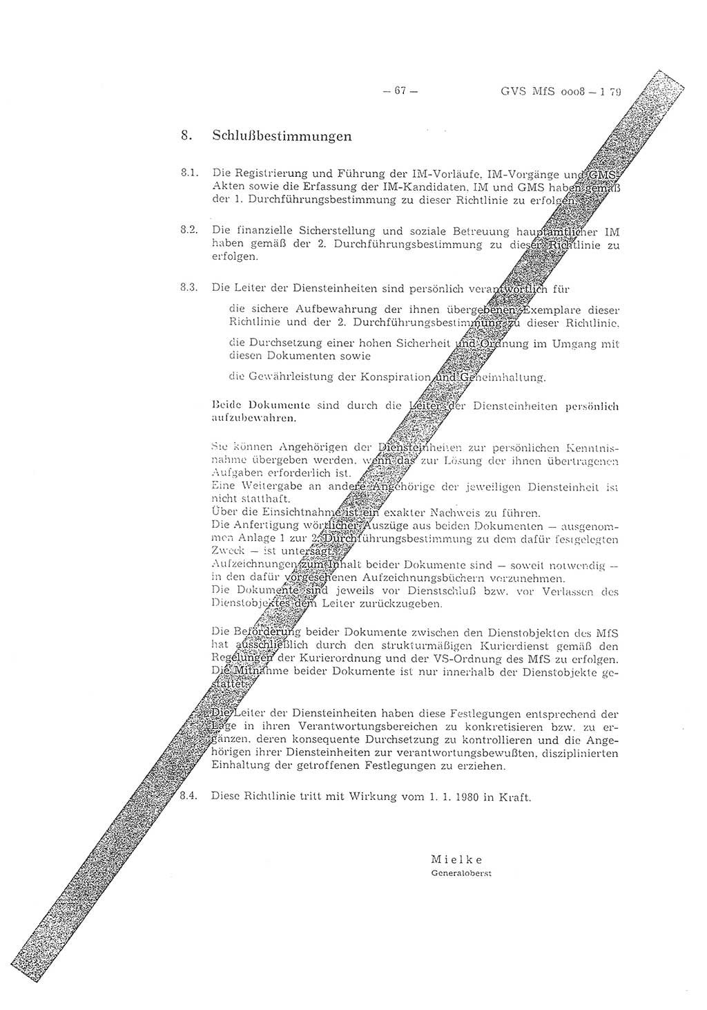 Richtlinie 1/79 für die Arbeit mit Inoffiziellen Mitarbeitern (IM) und Gesellschaftlichen Mitarbeitern für Sicherheit (GMS), Deutsche Demokratische Republik (DDR), Ministerium für Staatssicherheit (MfS), Der Minister (Mielke), Geheime Verschlußsache (GVS) ooo8-1/79, Berlin 1979, Seite 67 (RL 1/79 DDR MfS Min. GVS ooo8-1/79 1979, S. 67)