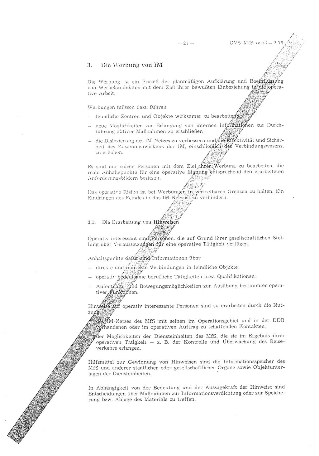 Richtlinie 2/79 für die Arbeit mit Inoffiziellen Mitarbeitern (IM) im Operationsgebiet, Deutsche Demokratische Republik (DDR), Ministerium für Staatssicherheit (MfS), Der Minister (Mielke), Geheime Verschlußsache (GVS) ooo8-2/79, Berlin 1979, Seite 21 (RL 2/79 DDR MfS Min. GVS ooo8-2/79 1979, S. 21)