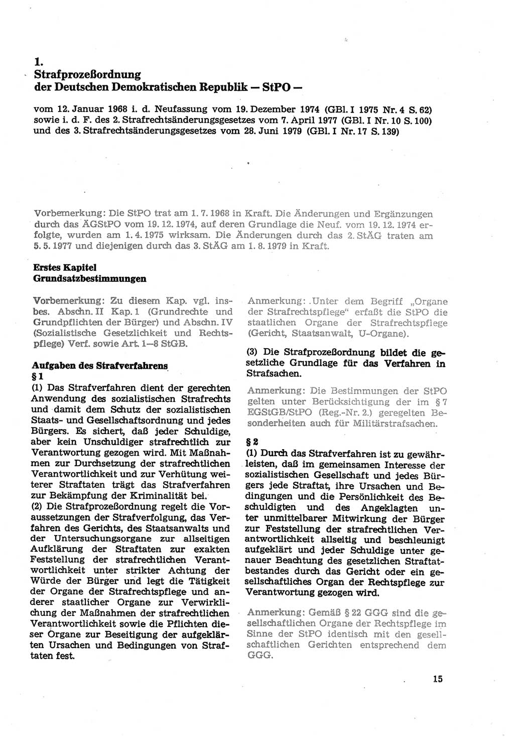 Strafprozeßordnung (StPO) der Deutschen Demokratischen Republik (DDR) sowie angrenzende Gesetze und Bestimmungen 1979, Seite 15 (StPO DDR Ges. Best. 1979, S. 15)