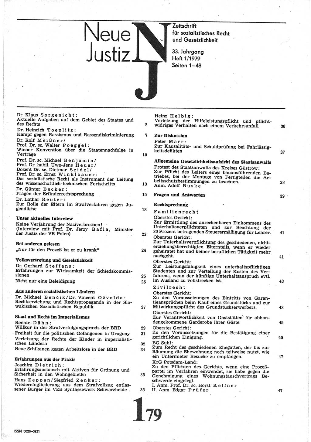 Neue Justiz (NJ), Zeitschrift für sozialistisches Recht und Gesetzlichkeit [Deutsche Demokratische Republik (DDR)], 33. Jahrgang 1979, Seite 1 (NJ DDR 1979, S. 1)