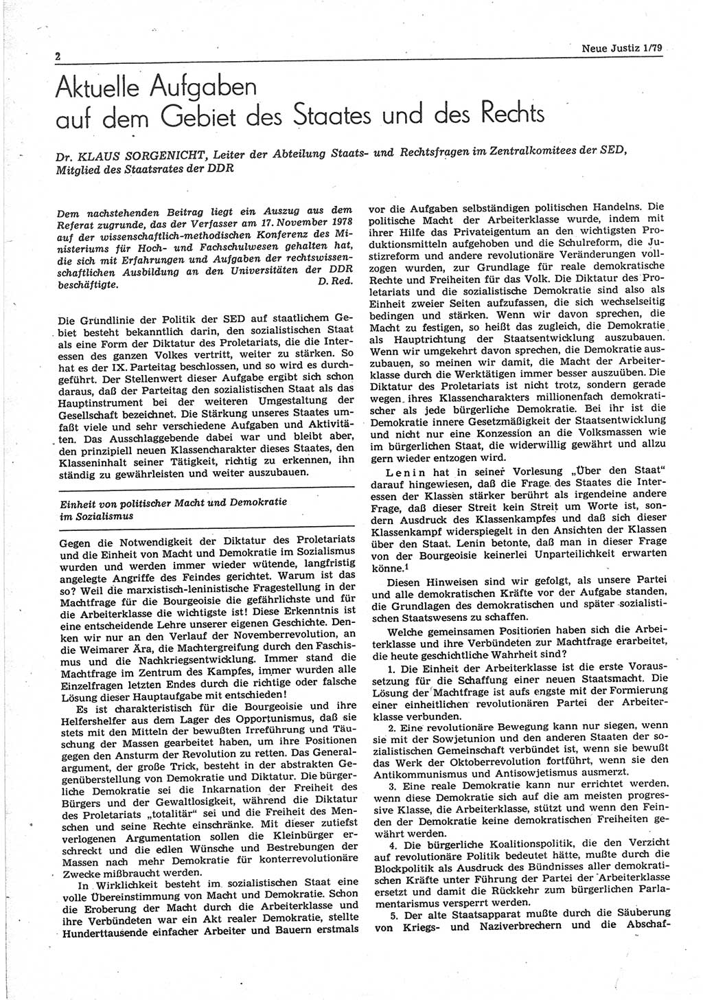 Neue Justiz (NJ), Zeitschrift für sozialistisches Recht und Gesetzlichkeit [Deutsche Demokratische Republik (DDR)], 33. Jahrgang 1979, Seite 2 (NJ DDR 1979, S. 2)