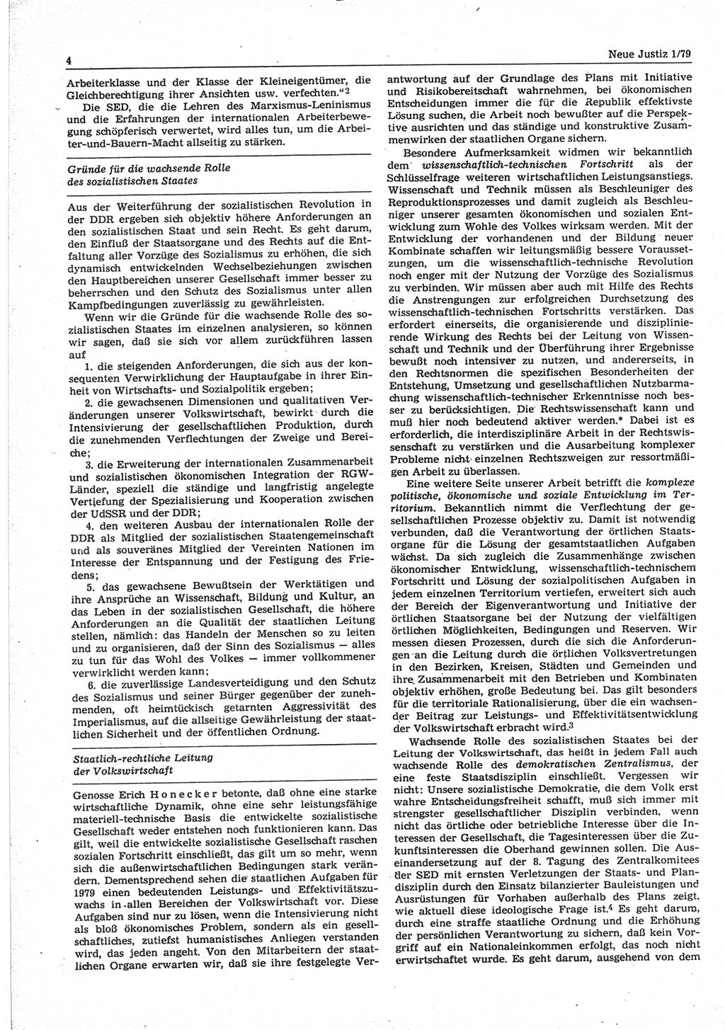 Neue Justiz (NJ), Zeitschrift für sozialistisches Recht und Gesetzlichkeit [Deutsche Demokratische Republik (DDR)], 33. Jahrgang 1979, Seite 4 (NJ DDR 1979, S. 4)