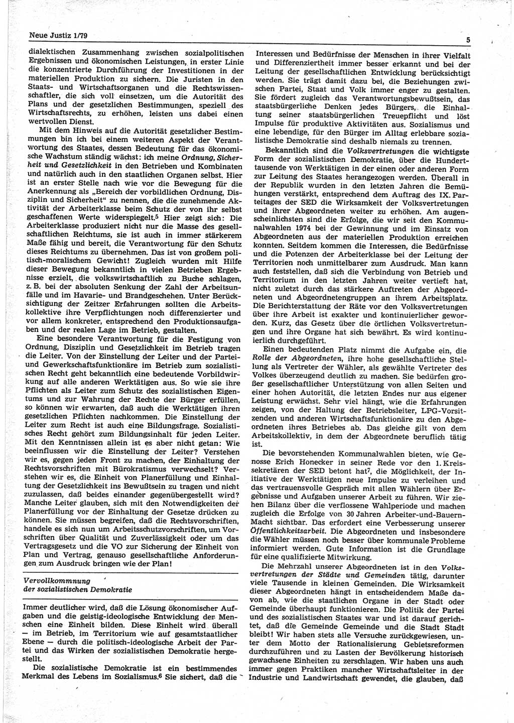 Neue Justiz (NJ), Zeitschrift für sozialistisches Recht und Gesetzlichkeit [Deutsche Demokratische Republik (DDR)], 33. Jahrgang 1979, Seite 5 (NJ DDR 1979, S. 5)