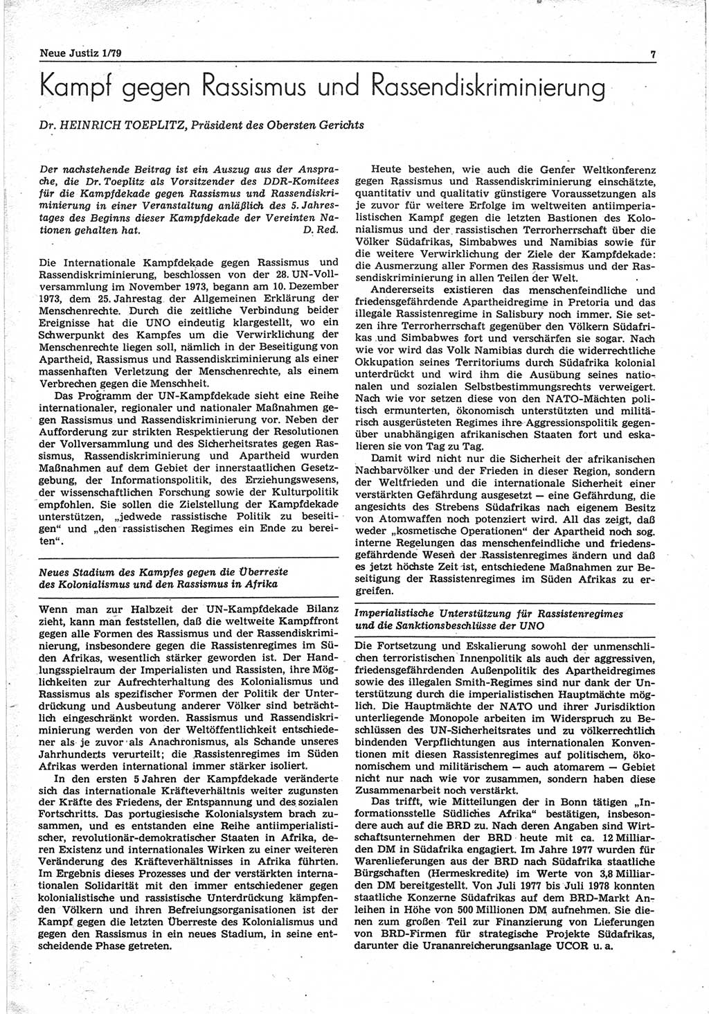 Neue Justiz (NJ), Zeitschrift für sozialistisches Recht und Gesetzlichkeit [Deutsche Demokratische Republik (DDR)], 33. Jahrgang 1979, Seite 7 (NJ DDR 1979, S. 7)