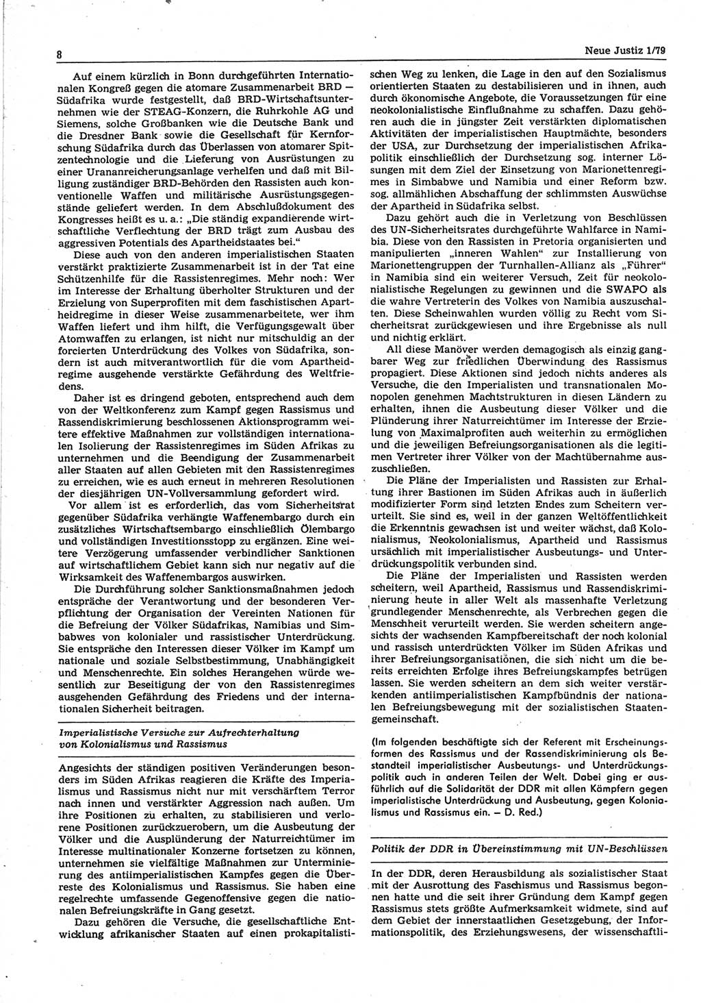 Neue Justiz (NJ), Zeitschrift für sozialistisches Recht und Gesetzlichkeit [Deutsche Demokratische Republik (DDR)], 33. Jahrgang 1979, Seite 8 (NJ DDR 1979, S. 8)
