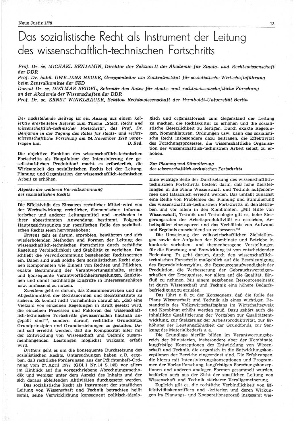 Neue Justiz (NJ), Zeitschrift für sozialistisches Recht und Gesetzlichkeit [Deutsche Demokratische Republik (DDR)], 33. Jahrgang 1979, Seite 13 (NJ DDR 1979, S. 13)