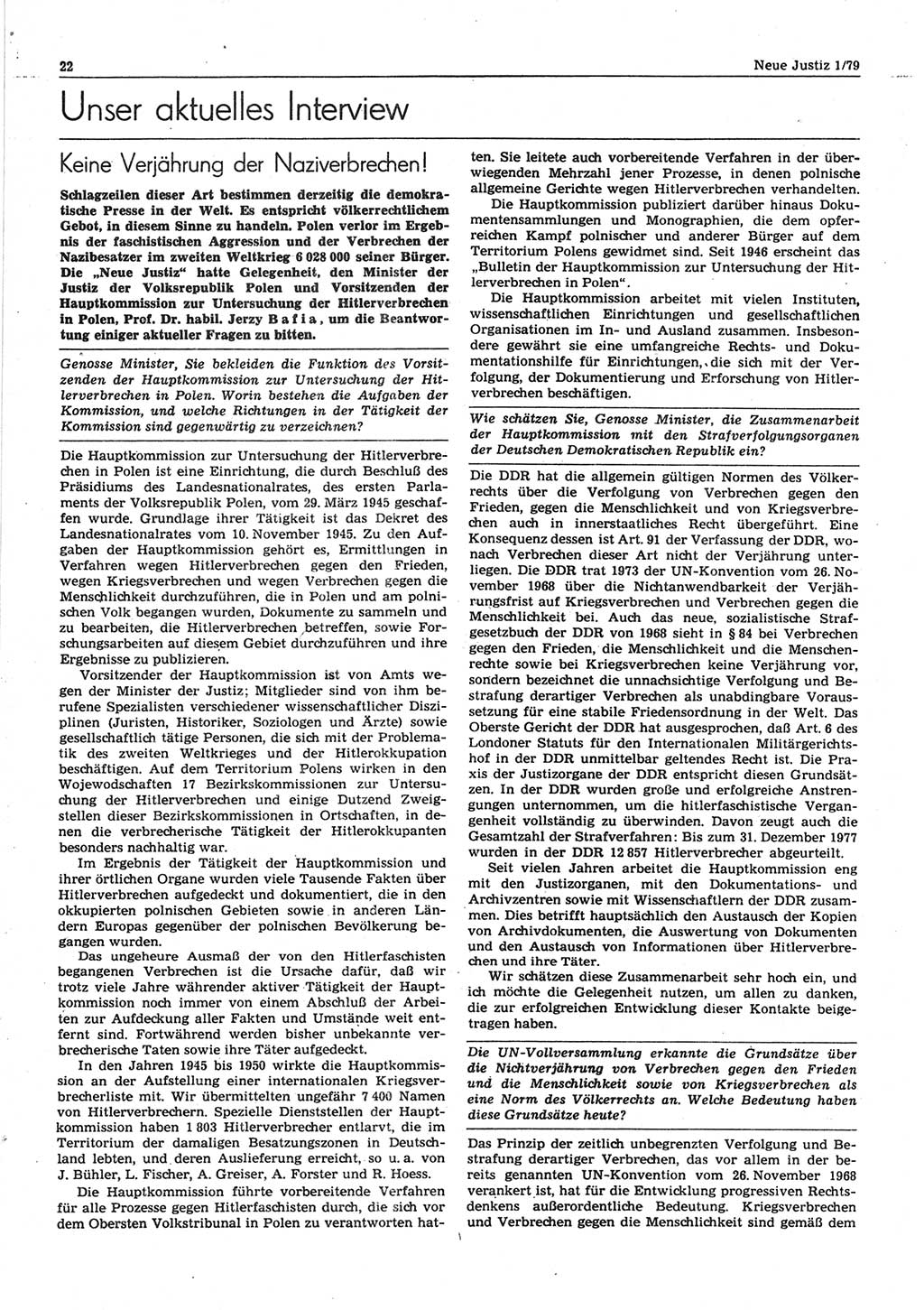 Neue Justiz (NJ), Zeitschrift für sozialistisches Recht und Gesetzlichkeit [Deutsche Demokratische Republik (DDR)], 33. Jahrgang 1979, Seite 22 (NJ DDR 1979, S. 22)