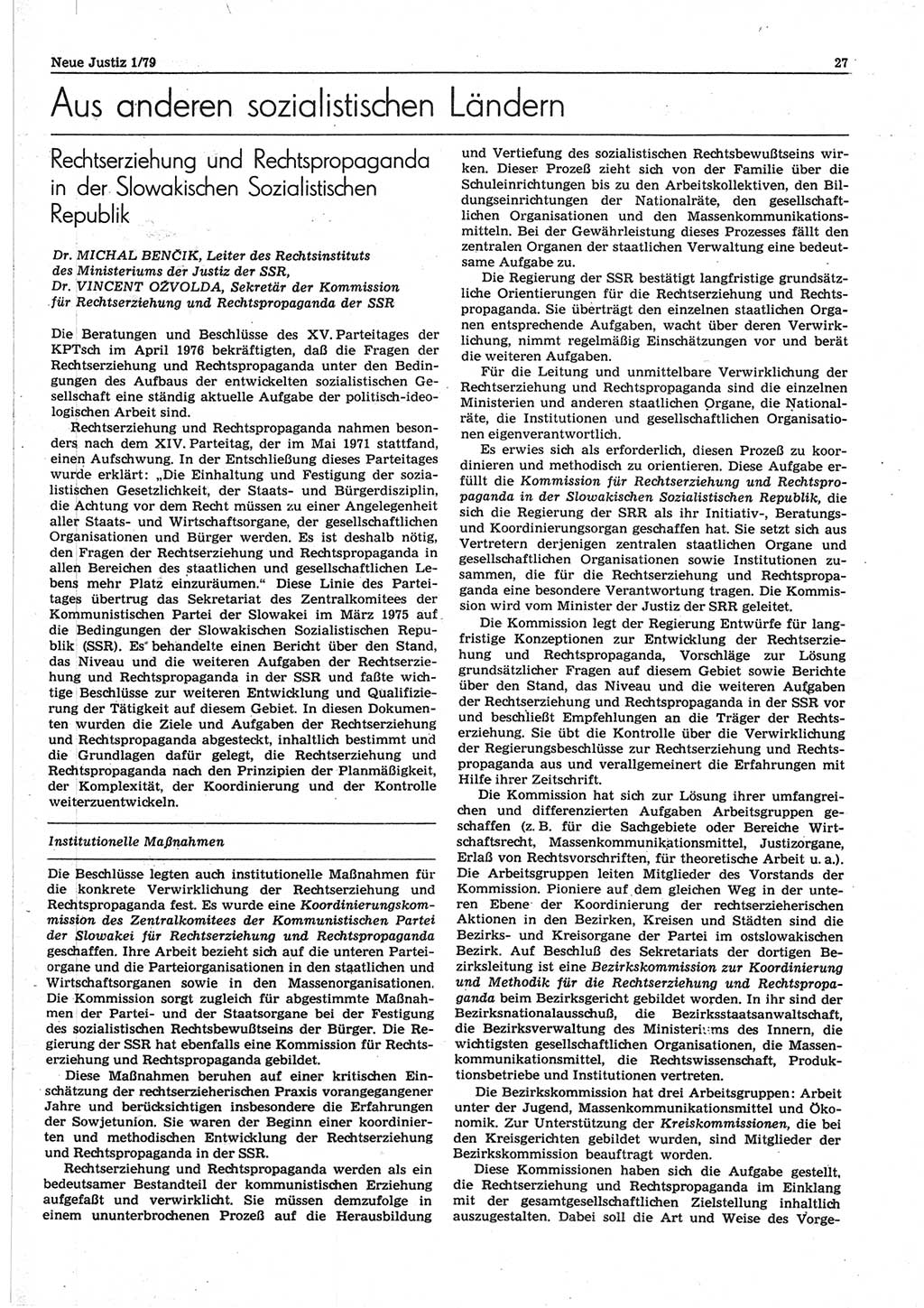 Neue Justiz (NJ), Zeitschrift für sozialistisches Recht und Gesetzlichkeit [Deutsche Demokratische Republik (DDR)], 33. Jahrgang 1979, Seite 27 (NJ DDR 1979, S. 27)
