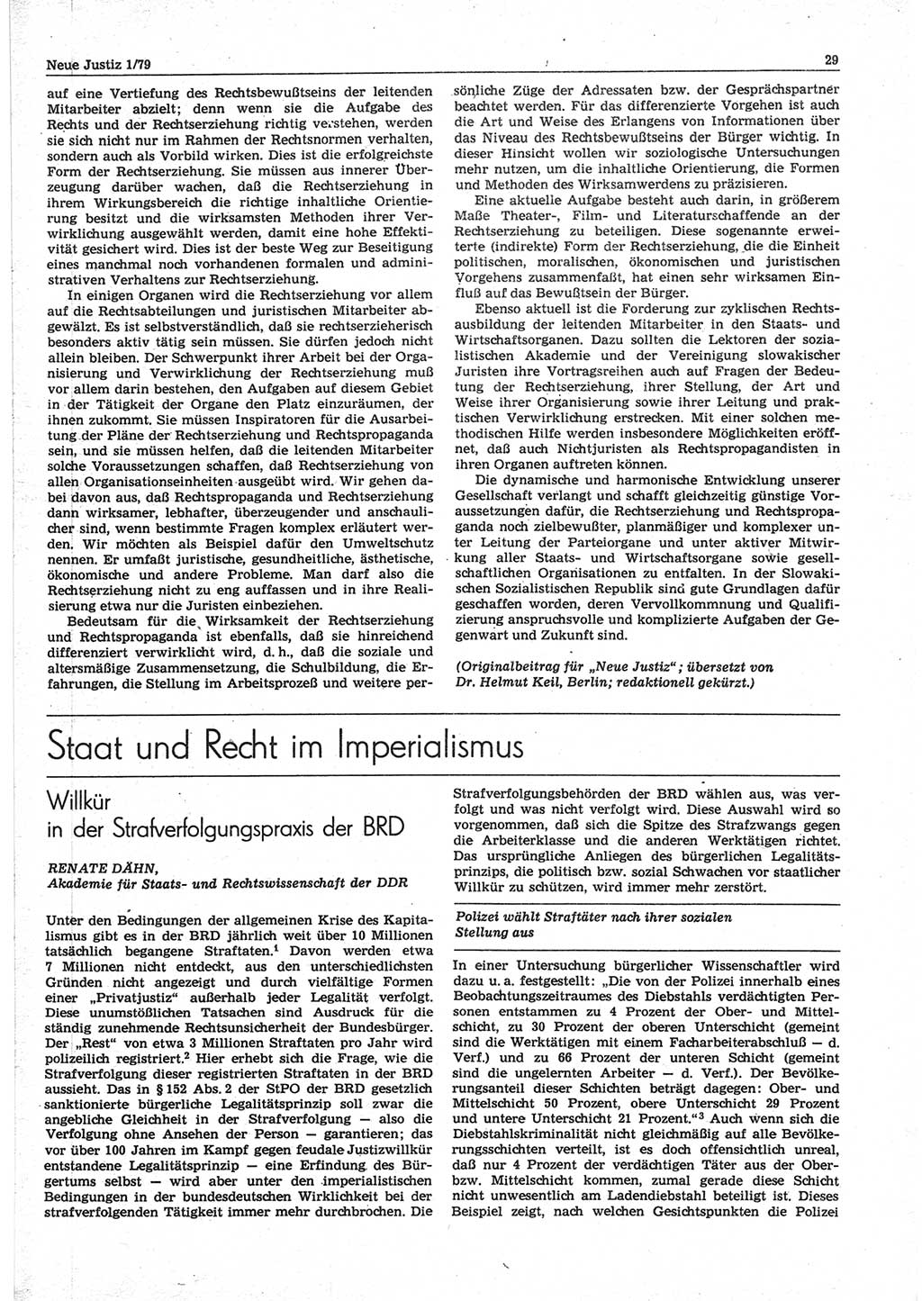 Neue Justiz (NJ), Zeitschrift für sozialistisches Recht und Gesetzlichkeit [Deutsche Demokratische Republik (DDR)], 33. Jahrgang 1979, Seite 29 (NJ DDR 1979, S. 29)