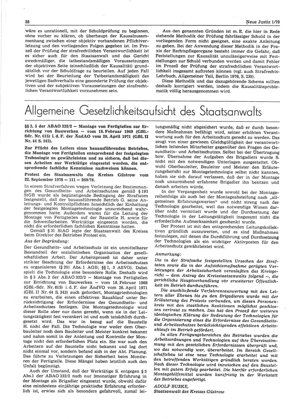 Neue Justiz (NJ), Zeitschrift für sozialistisches Recht und Gesetzlichkeit [Deutsche Demokratische Republik (DDR)], 33. Jahrgang 1979, Seite 38 (NJ DDR 1979, S. 38)