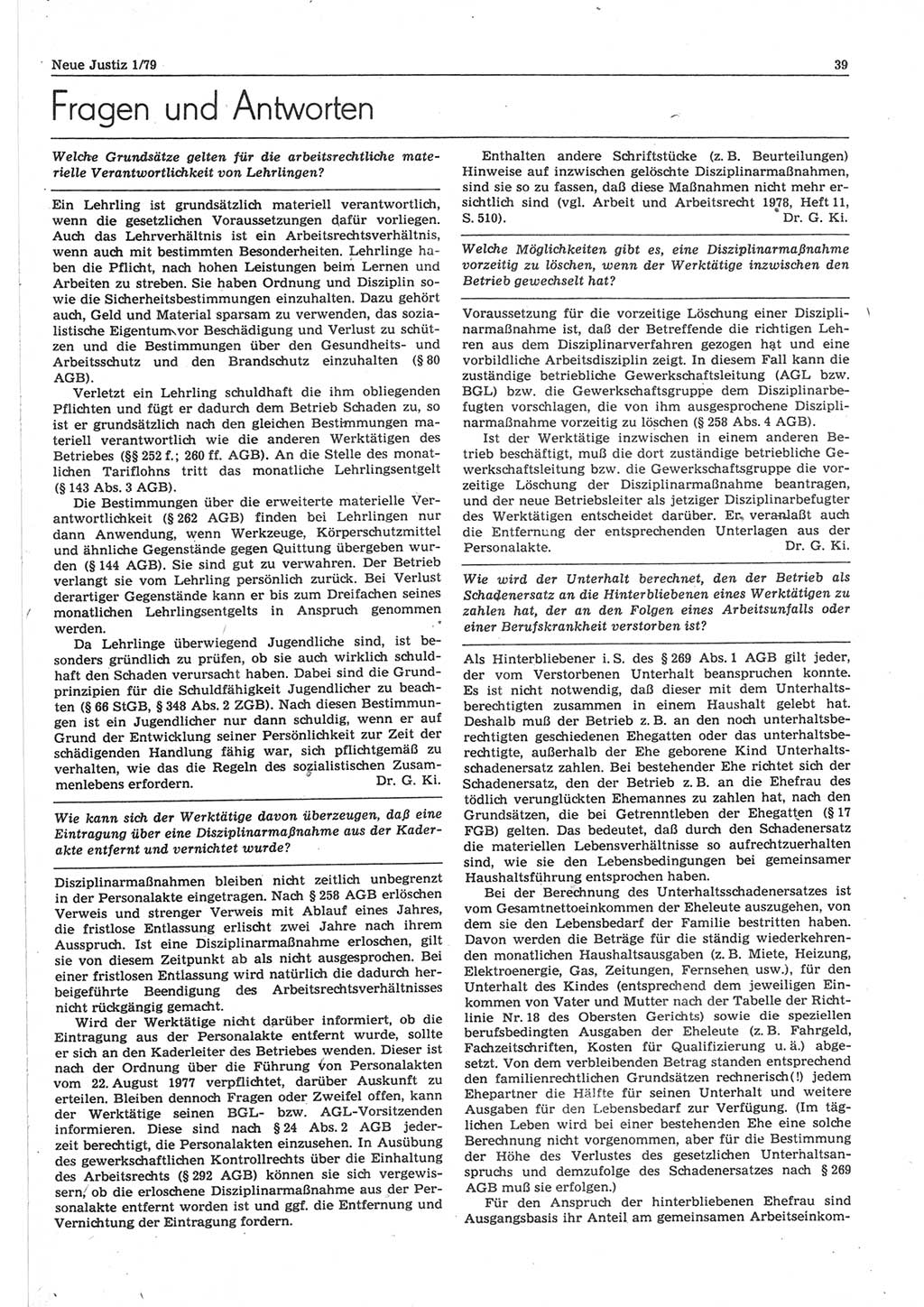 Neue Justiz (NJ), Zeitschrift für sozialistisches Recht und Gesetzlichkeit [Deutsche Demokratische Republik (DDR)], 33. Jahrgang 1979, Seite 39 (NJ DDR 1979, S. 39)