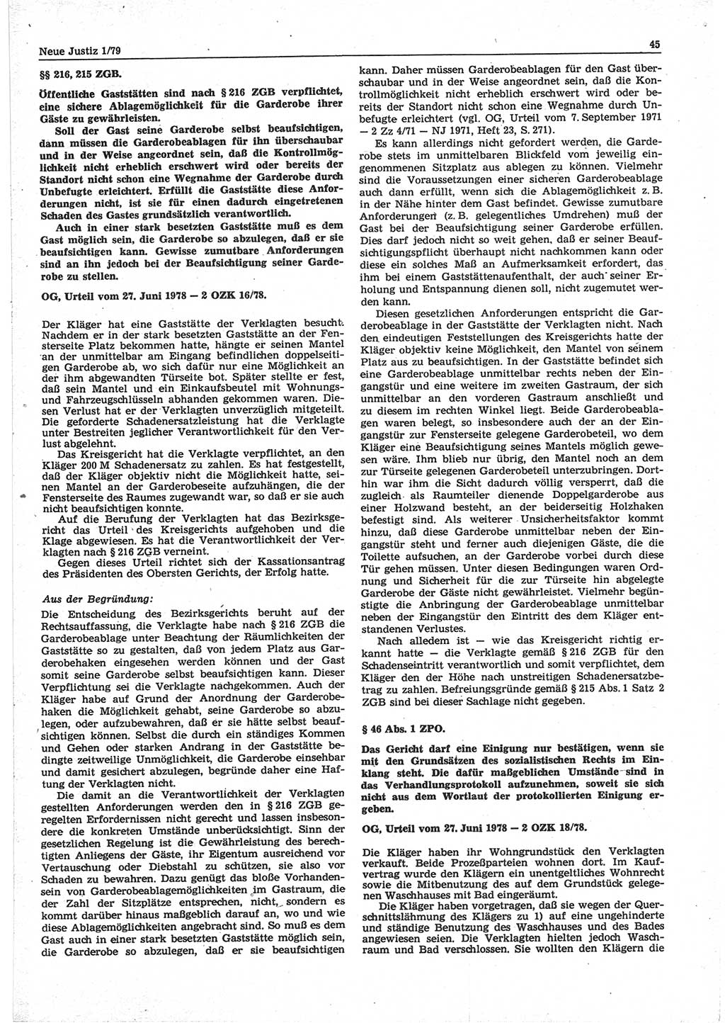Neue Justiz (NJ), Zeitschrift für sozialistisches Recht und Gesetzlichkeit [Deutsche Demokratische Republik (DDR)], 33. Jahrgang 1979, Seite 45 (NJ DDR 1979, S. 45)