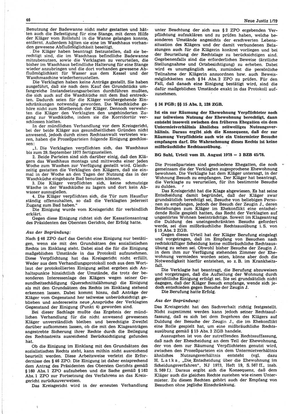 Neue Justiz (NJ), Zeitschrift für sozialistisches Recht und Gesetzlichkeit [Deutsche Demokratische Republik (DDR)], 33. Jahrgang 1979, Seite 46 (NJ DDR 1979, S. 46)
