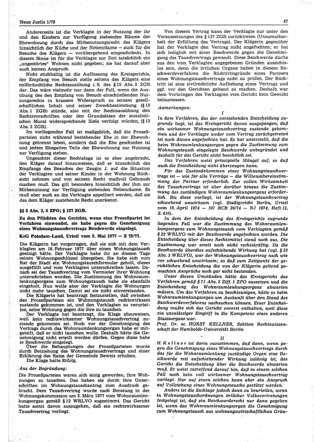 Neue Justiz (NJ), Zeitschrift für sozialistisches Recht und Gesetzlichkeit [Deutsche Demokratische Republik (DDR)], 33. Jahrgang 1979, Seite 47 (NJ DDR 1979, S. 47)
