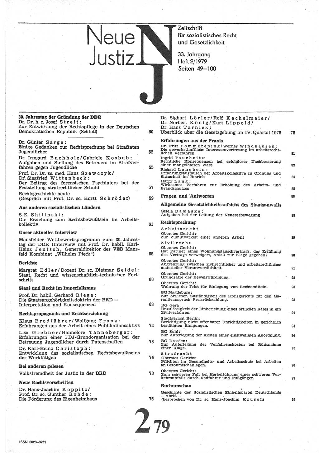 Neue Justiz (NJ), Zeitschrift für sozialistisches Recht und Gesetzlichkeit [Deutsche Demokratische Republik (DDR)], 33. Jahrgang 1979, Seite 49 (NJ DDR 1979, S. 49)
