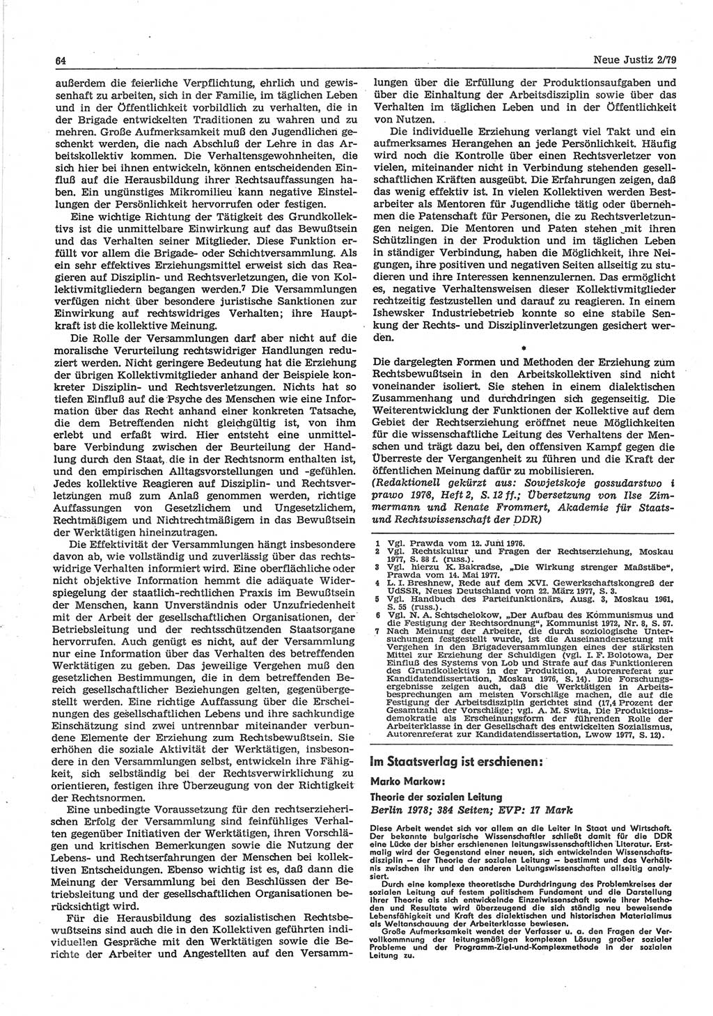 Neue Justiz (NJ), Zeitschrift für sozialistisches Recht und Gesetzlichkeit [Deutsche Demokratische Republik (DDR)], 33. Jahrgang 1979, Seite 64 (NJ DDR 1979, S. 64)