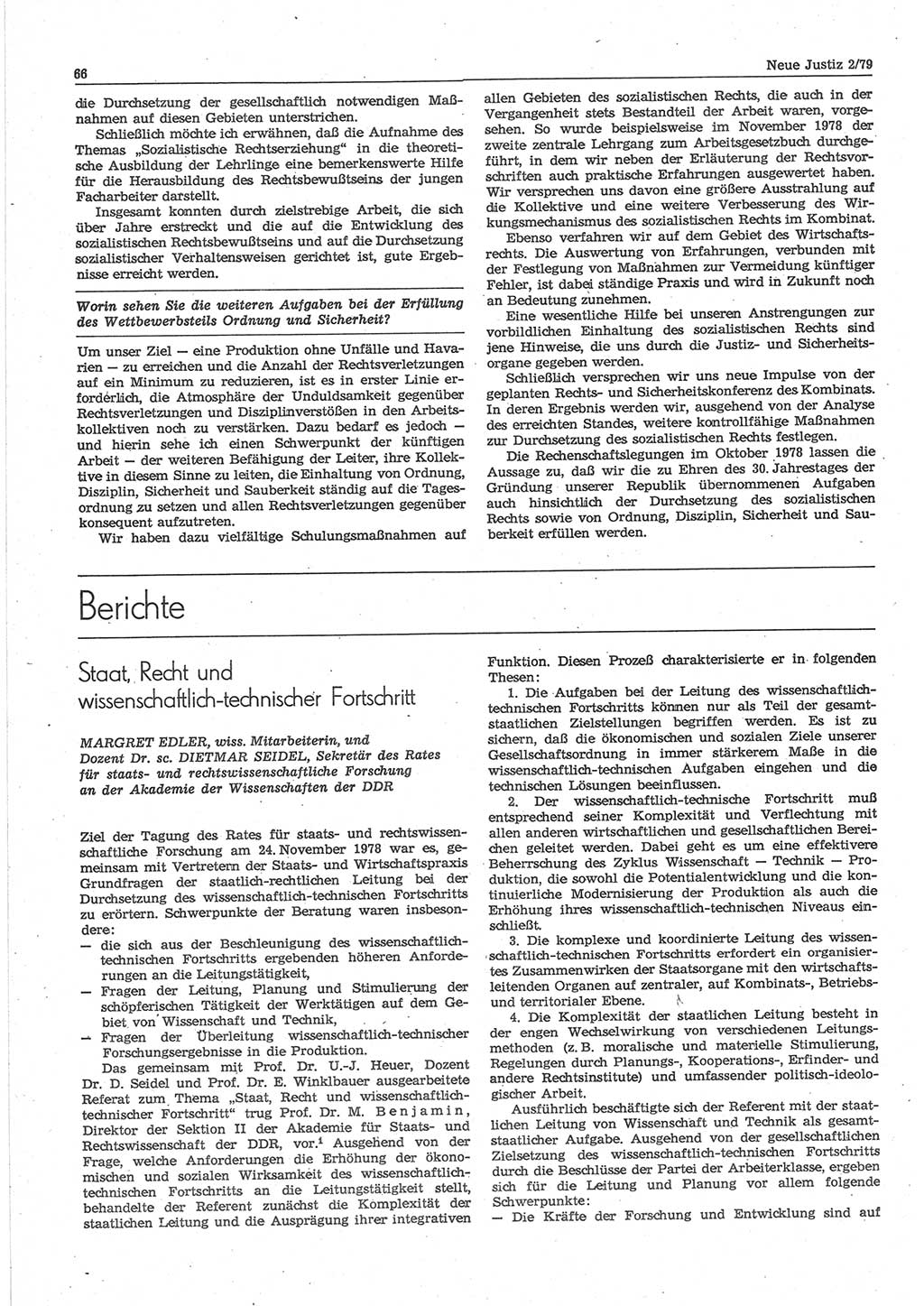 Neue Justiz (NJ), Zeitschrift für sozialistisches Recht und Gesetzlichkeit [Deutsche Demokratische Republik (DDR)], 33. Jahrgang 1979, Seite 66 (NJ DDR 1979, S. 66)