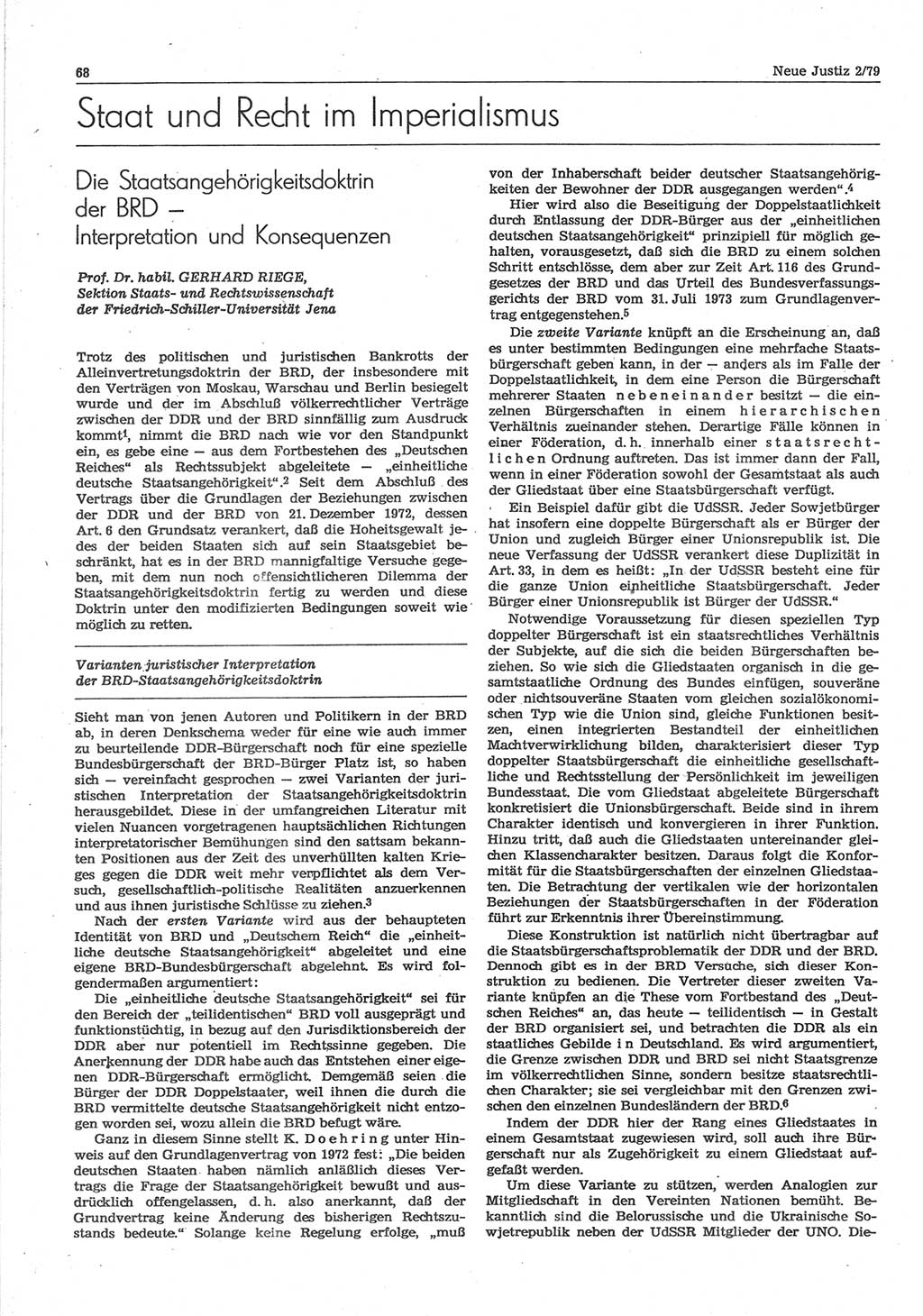 Neue Justiz (NJ), Zeitschrift für sozialistisches Recht und Gesetzlichkeit [Deutsche Demokratische Republik (DDR)], 33. Jahrgang 1979, Seite 68 (NJ DDR 1979, S. 68)