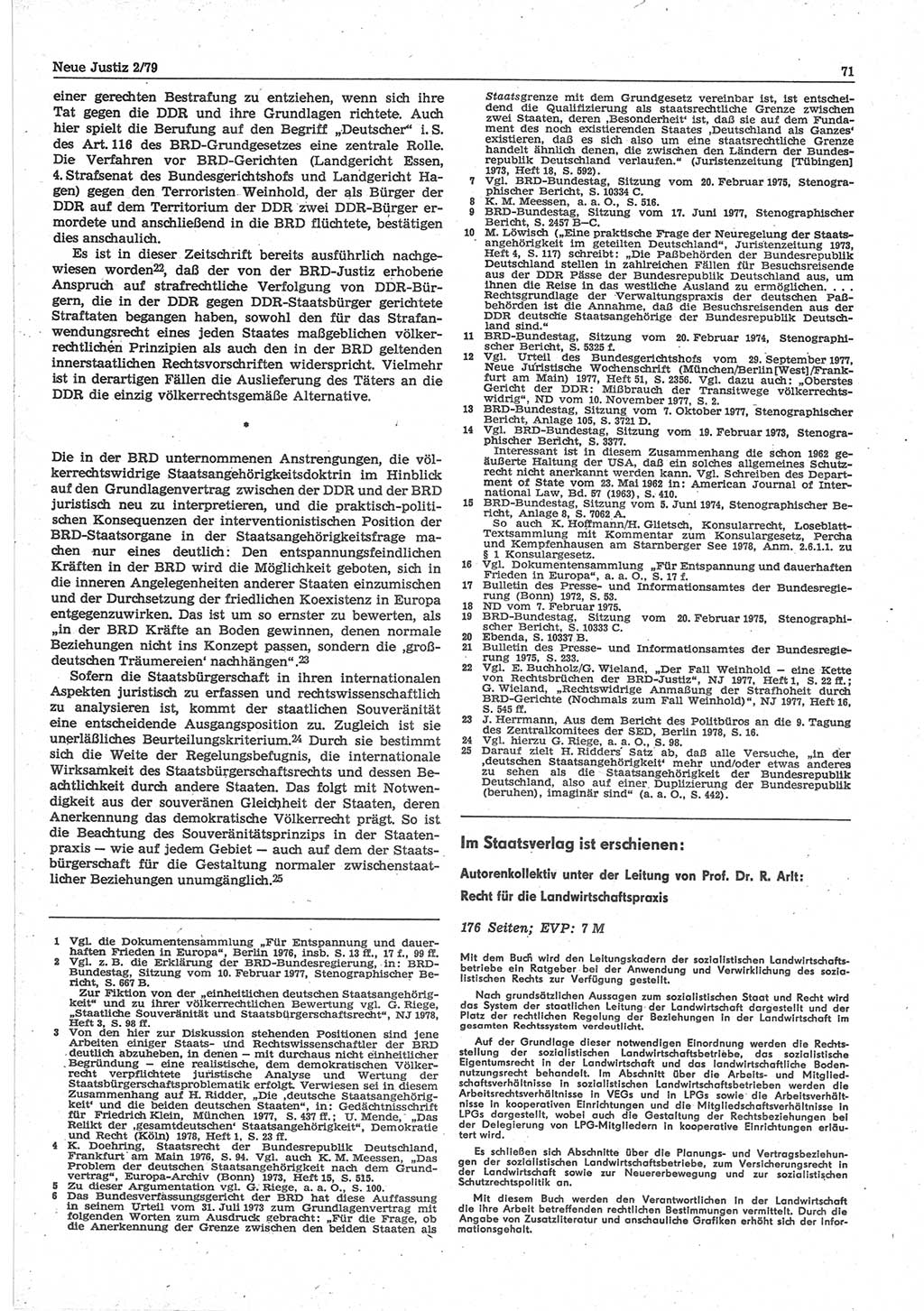 Neue Justiz (NJ), Zeitschrift für sozialistisches Recht und Gesetzlichkeit [Deutsche Demokratische Republik (DDR)], 33. Jahrgang 1979, Seite 71 (NJ DDR 1979, S. 71)